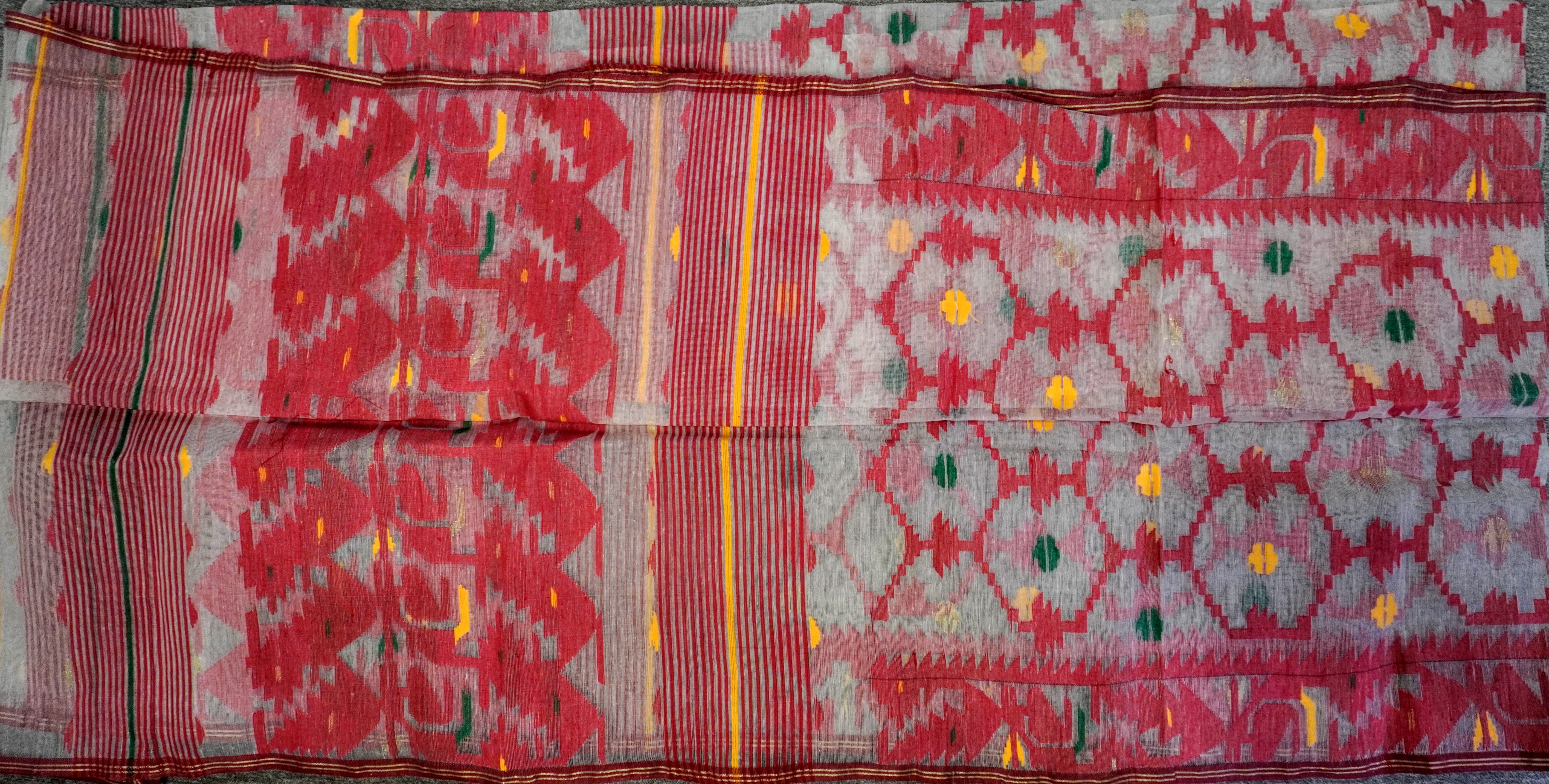 Classic Harmony - 100% Dhakai Jamdani white Dupatta with Traditional Red Border and Design Motifs