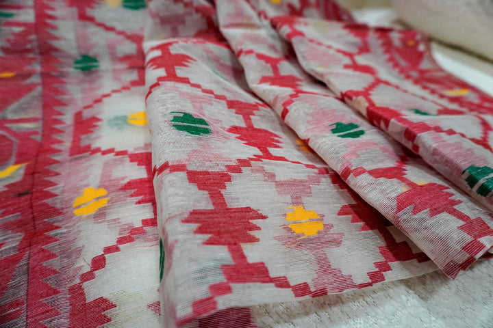 Classic Harmony - 100% Dhakai Jamdani white Dupatta with Traditional Red Border and Design Motifs