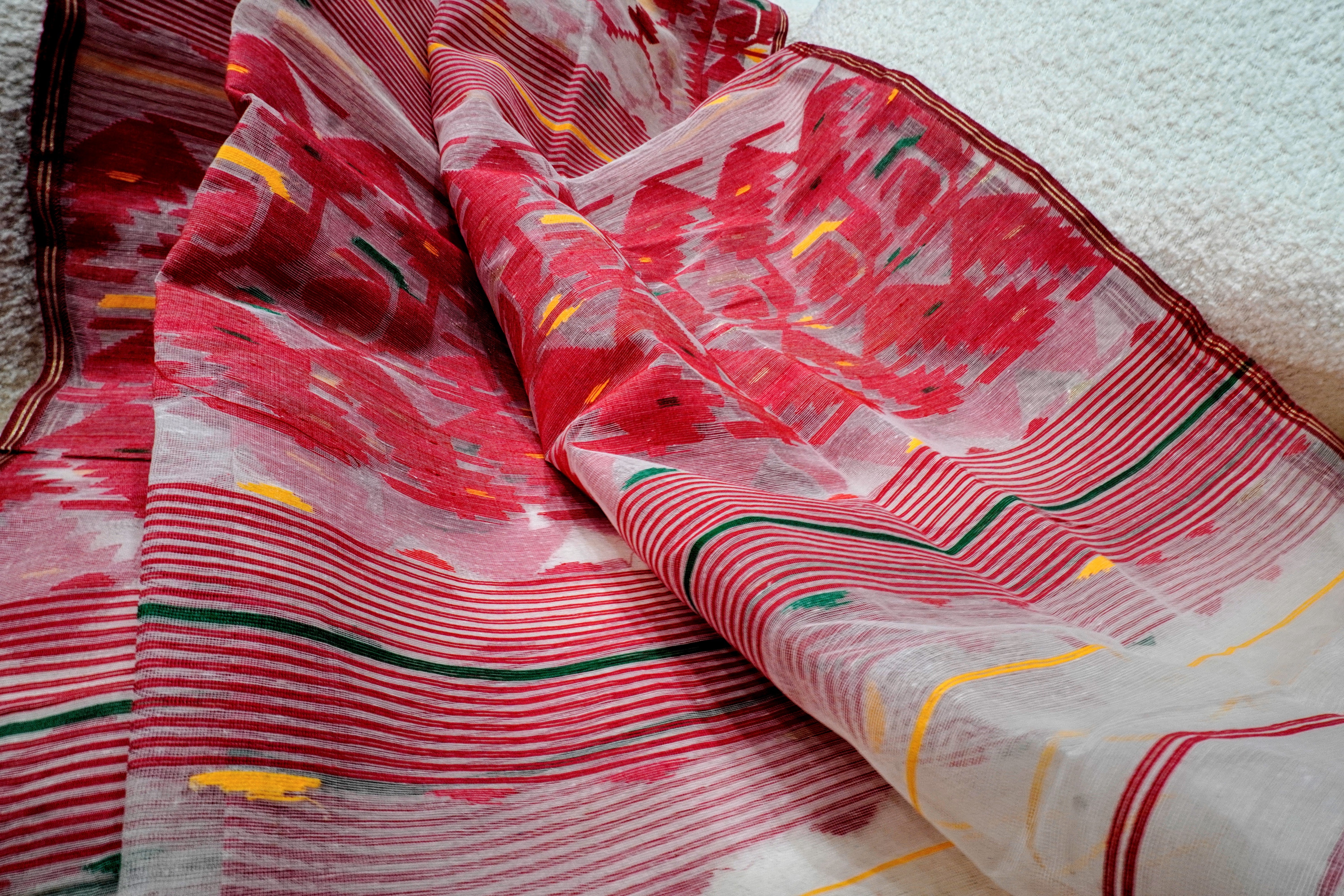 Classic Harmony - 100% Dhakai Jamdani white Dupatta with Traditional Red Border and Design Motifs