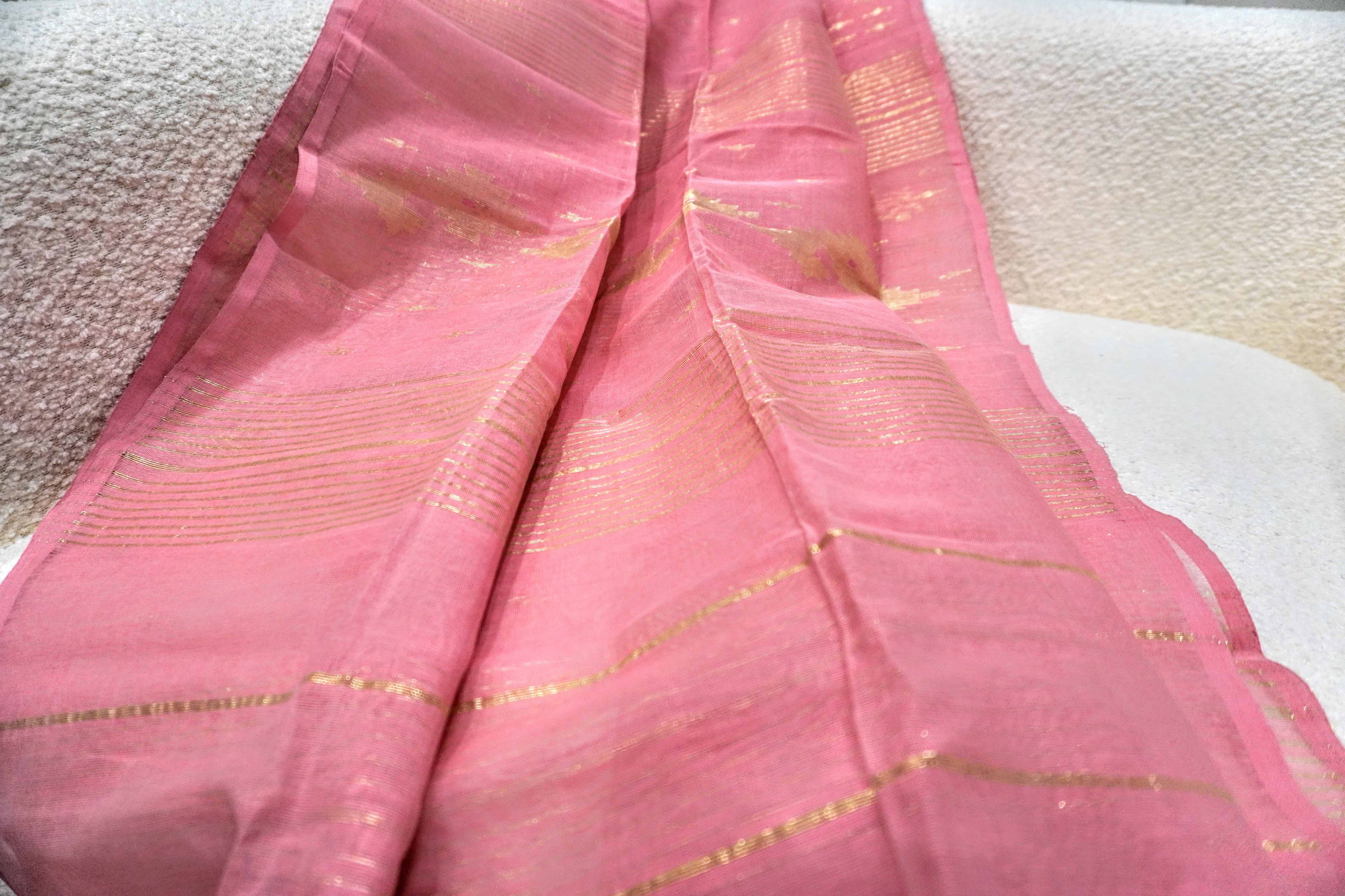 Peachy Pink Blossom - 100% Dhakai Jamdani Dupatta with Traditional Design and Motifs