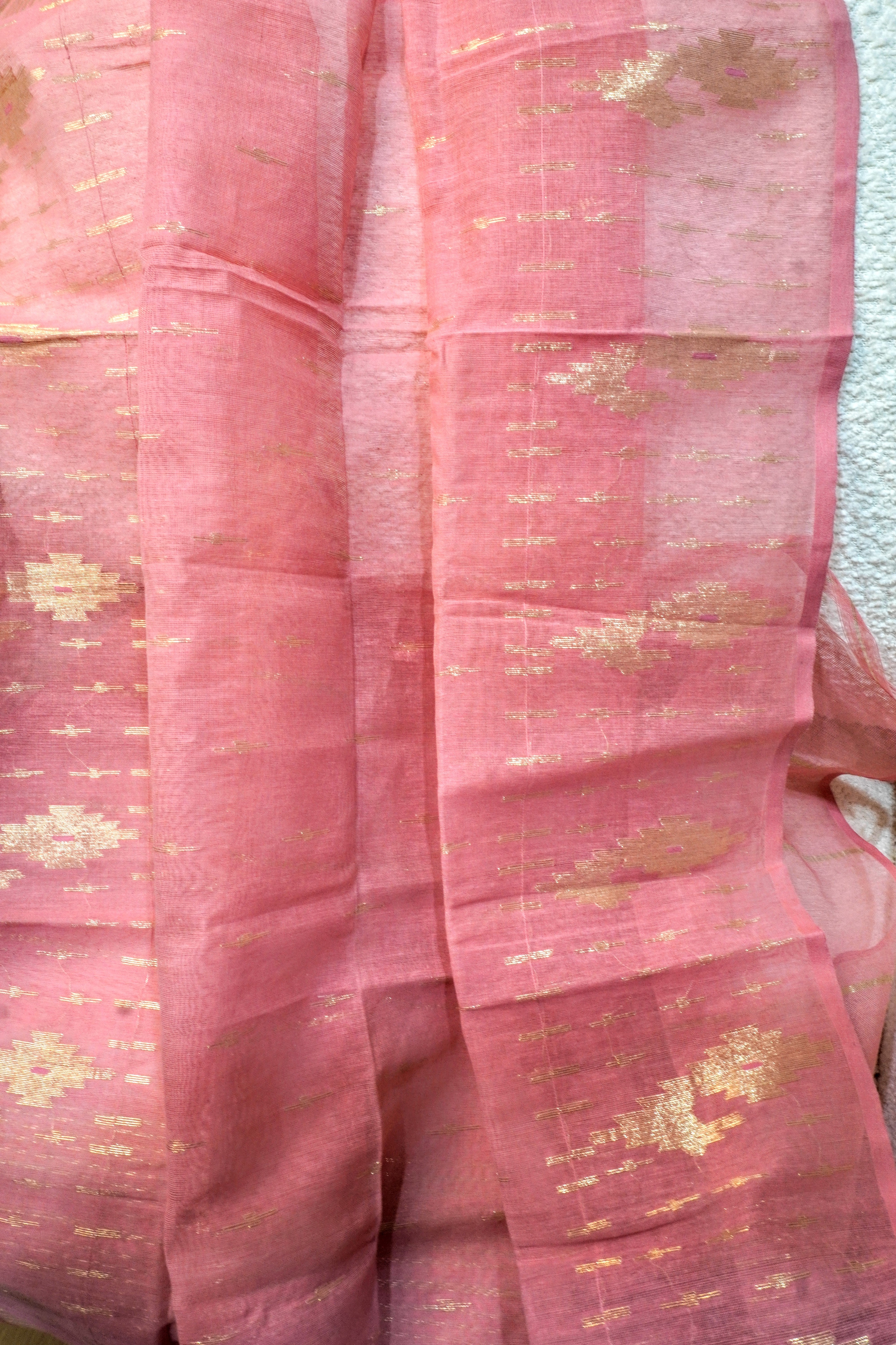 Peachy Pink Blossom - 100% Dhakai Jamdani Dupatta with Traditional Design and Motifs