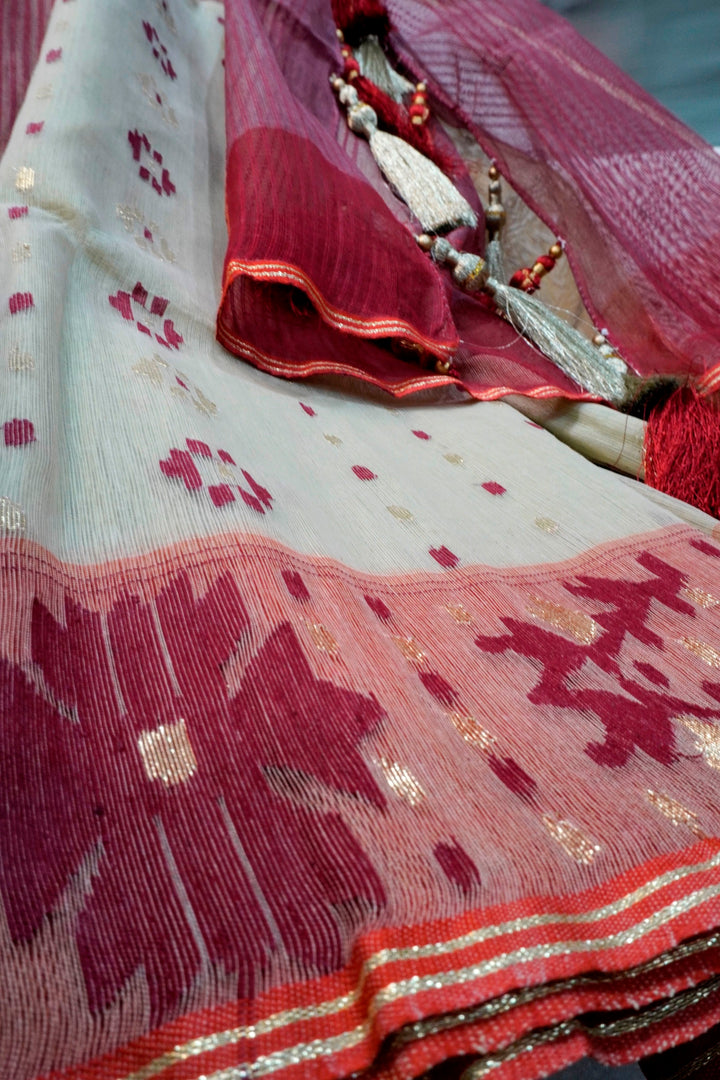 Olive Maroon Harmony - 80/60 Count Jamdani with Maroon Motifs