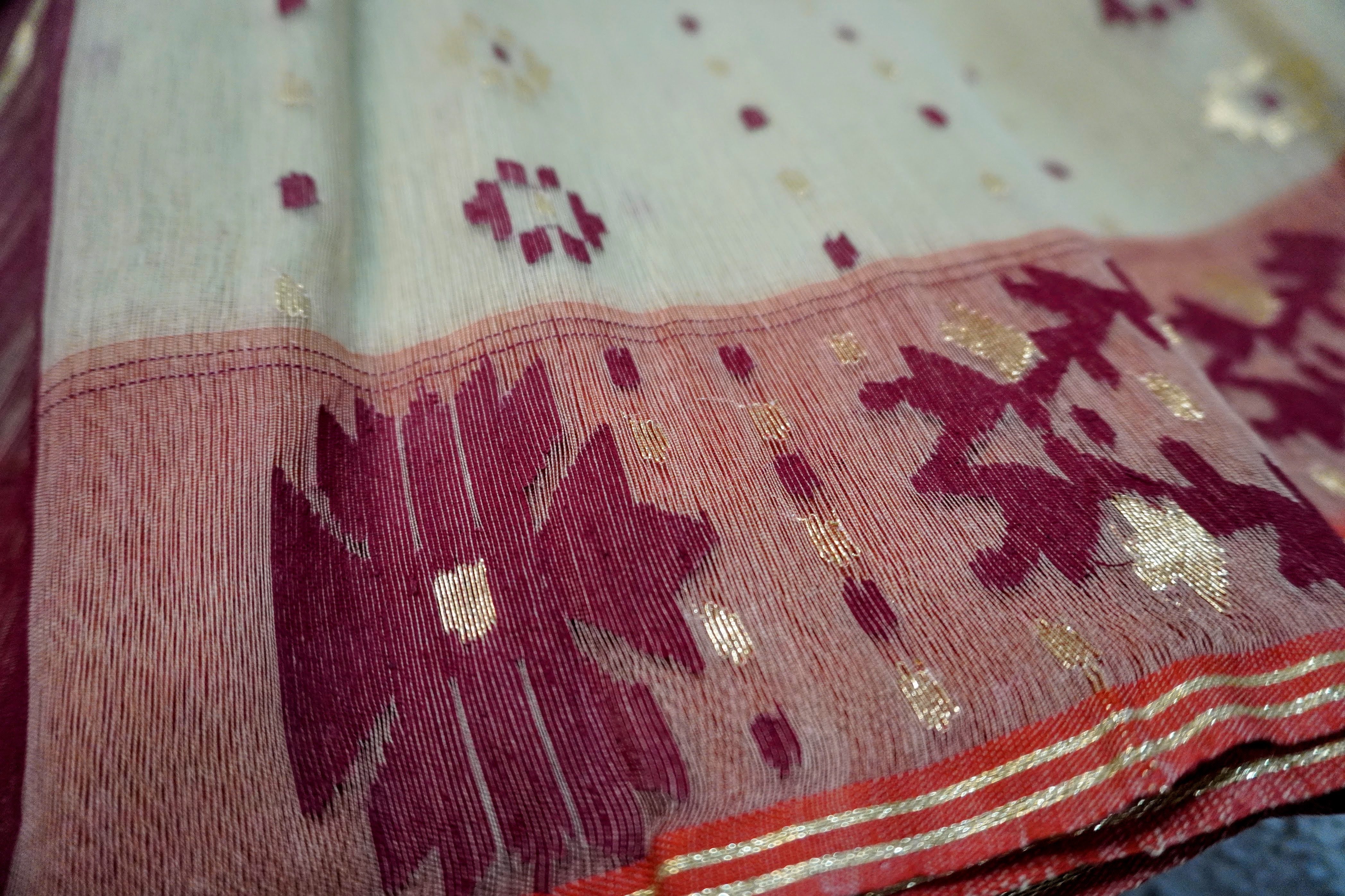 Olive Maroon Harmony - 80/60 Count Jamdani with Maroon Motifs
