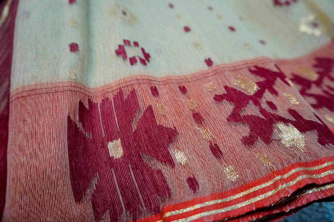 Olive Maroon Harmony - 80/60 Count Jamdani with Maroon Motifs