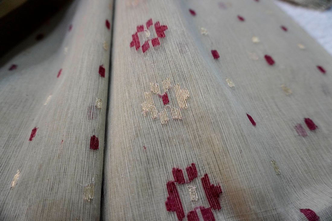 Olive Maroon Harmony - 80/60 Count Jamdani with Maroon Motifs