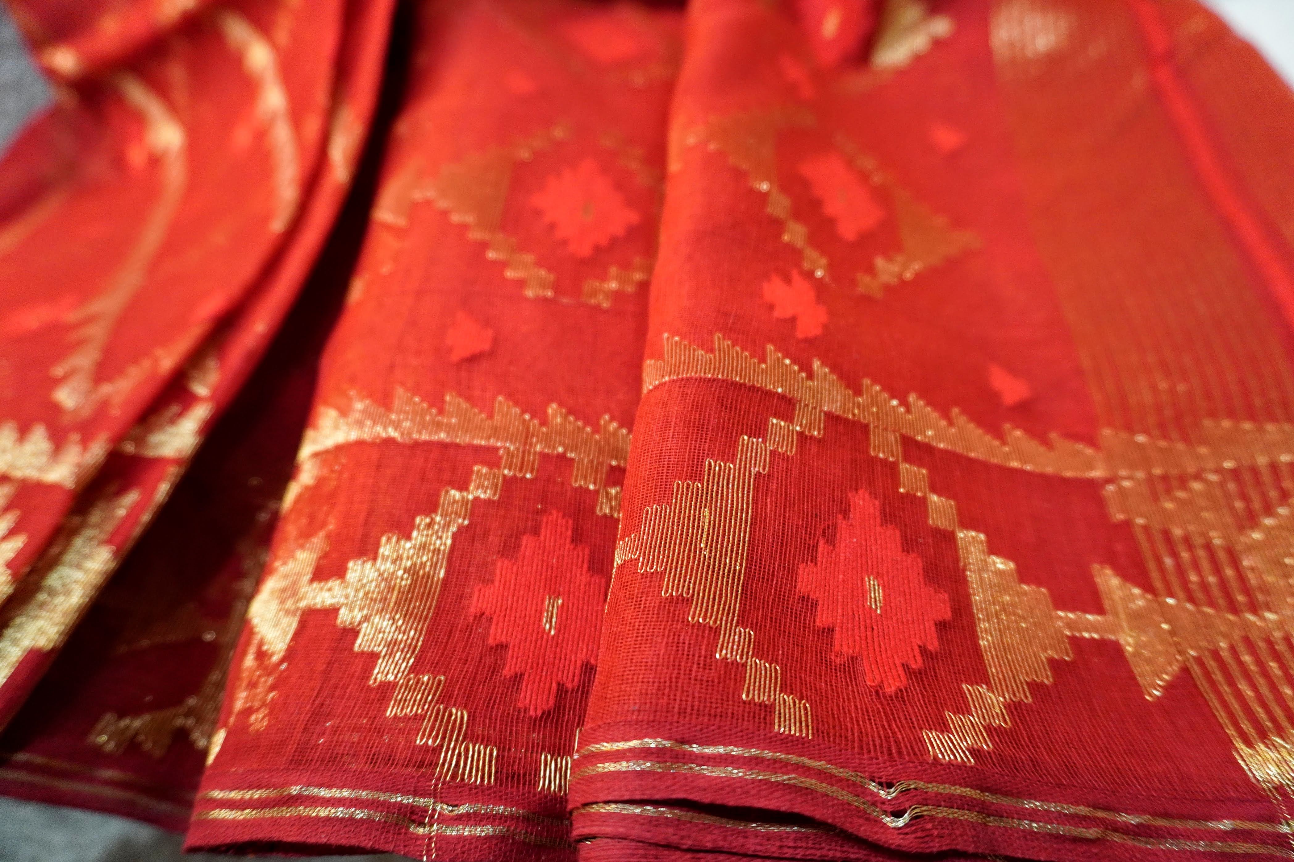 Golden Diagonal Rush - 84 Count Half-Silk Red Jamdani with Diagonal Golden Lines
