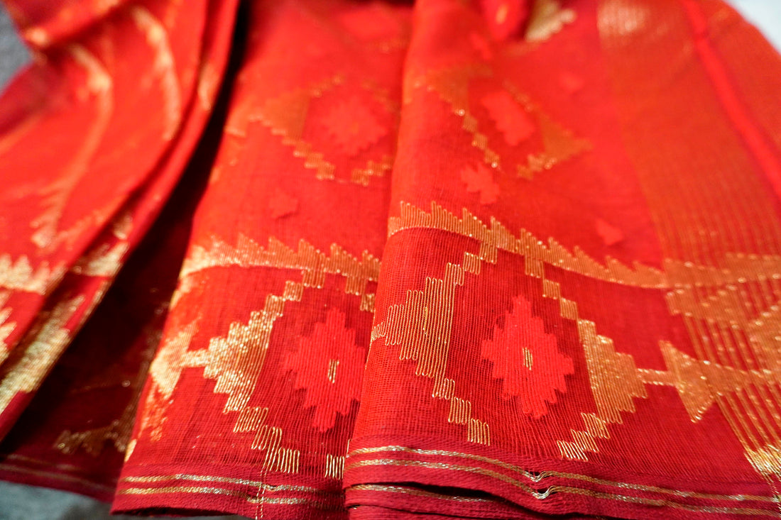 Golden Diagonal Rush - 84 Count Half-Silk Red Jamdani with Diagonal Golden Lines