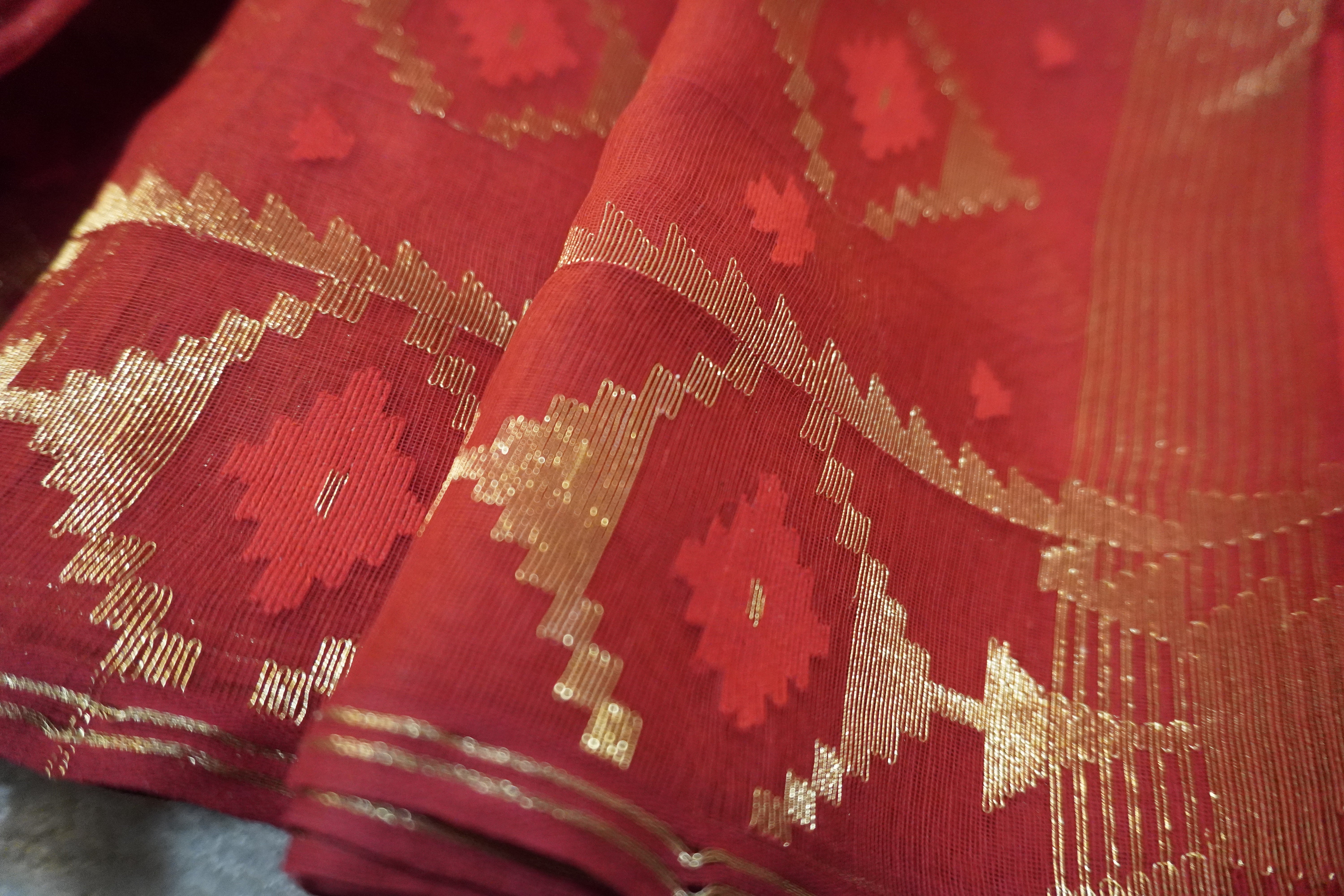 Golden Diagonal Rush - 84 Count Half-Silk Red Jamdani with Diagonal Golden Lines