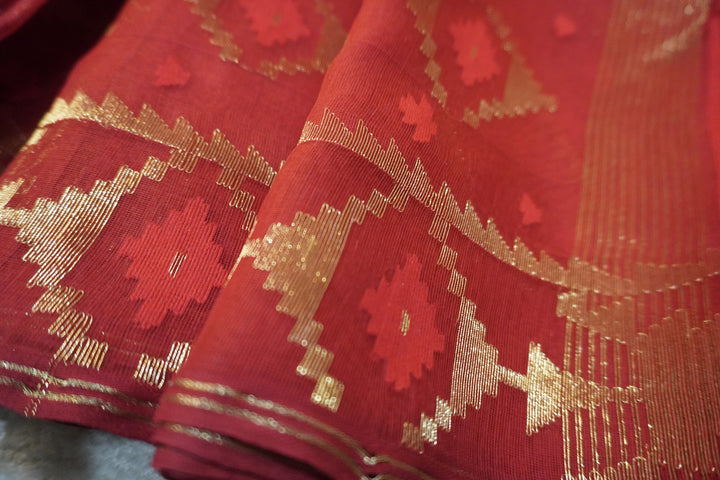 Golden Diagonal Rush - 84 Count Half-Silk Red Jamdani with Diagonal Golden Lines