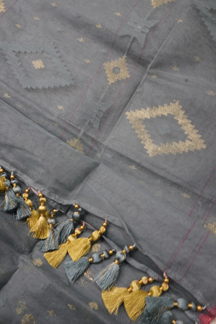 Skyline Heritage - 84 Count Half-Silk Grey-Sky Blue Jamdani with Traditional Motifs