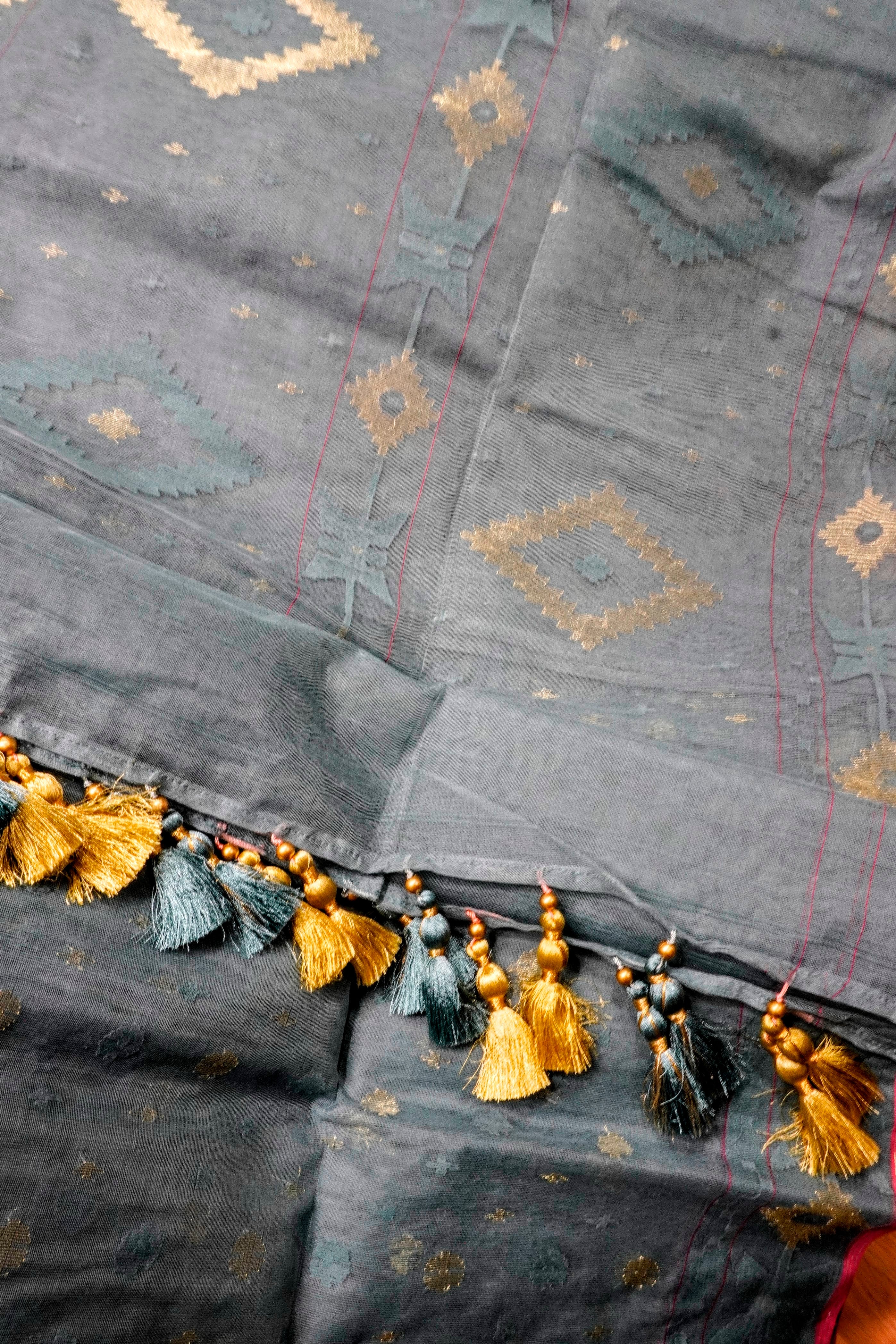 Skyline Heritage - 84 Count Half-Silk Grey-Sky Blue Jamdani with Traditional Motifs