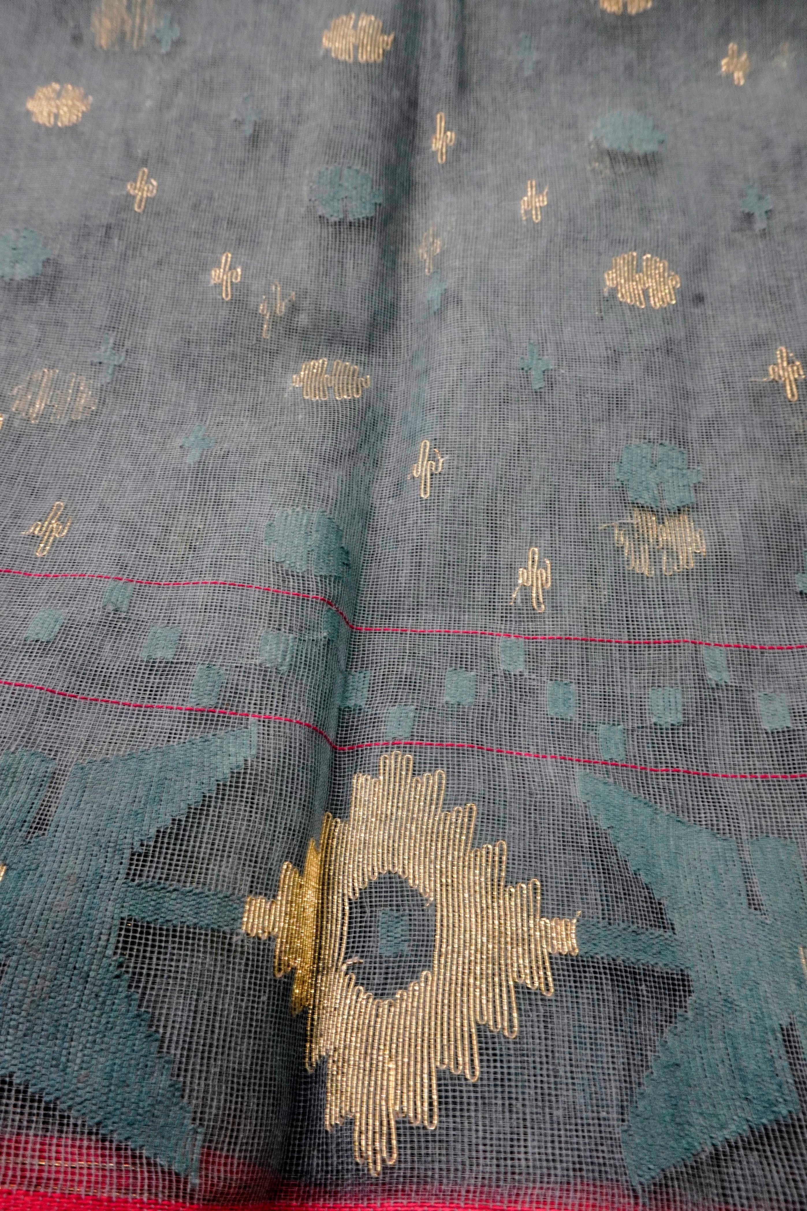 Skyline Heritage - 84 Count Half-Silk Grey-Sky Blue Jamdani with Traditional Motifs