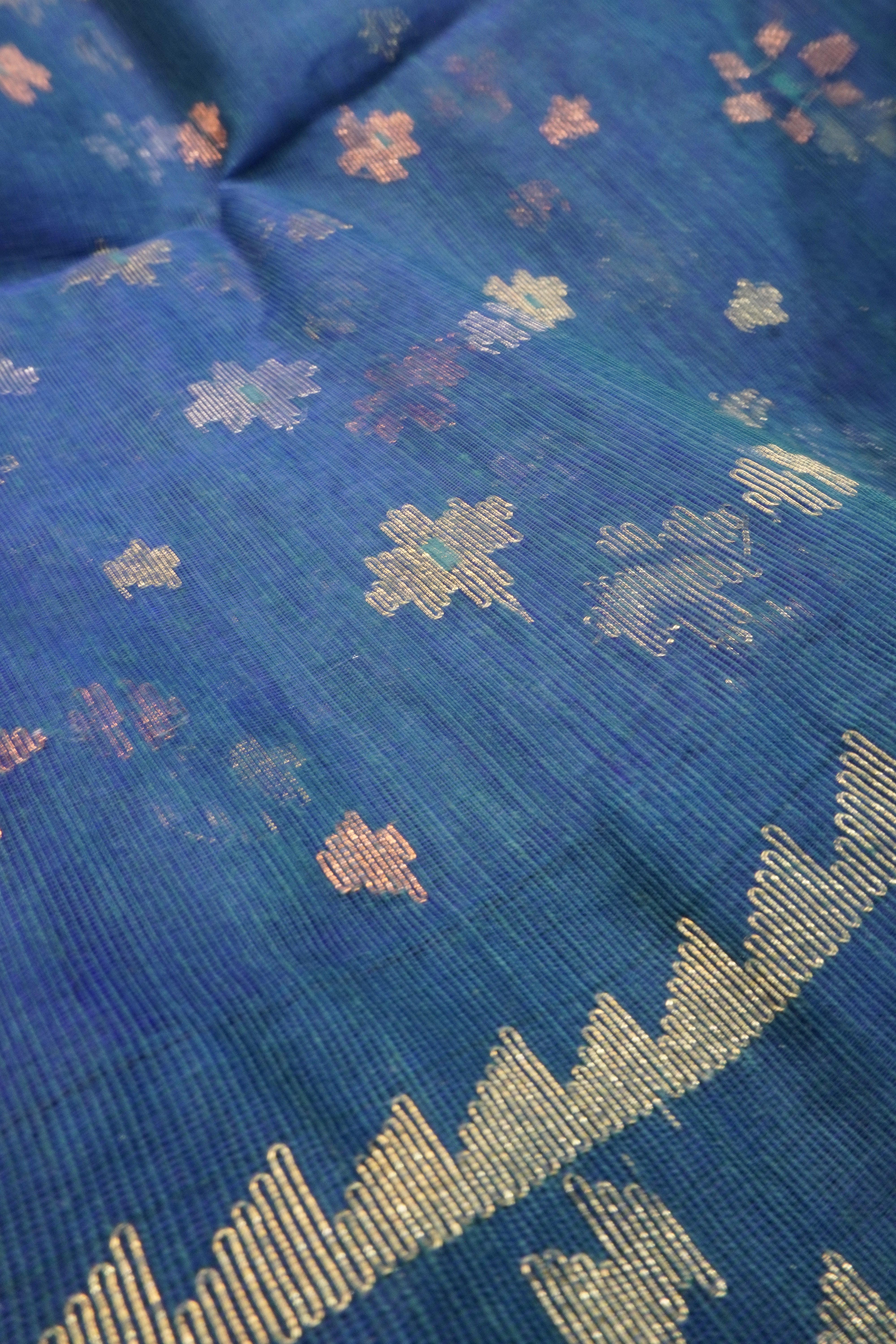 Teal Gold Majesty - 84 Count Half-Silk Teal Blue Jamdani with Golden Motifs