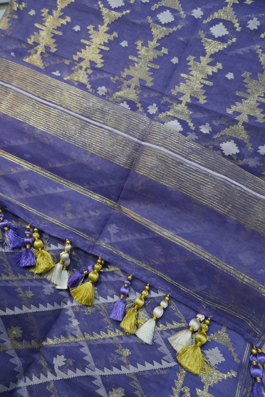 Lavish Lavender Gleam - 84 Count Half-Silk Lavender Jamdani with Silver and Golden Motifs