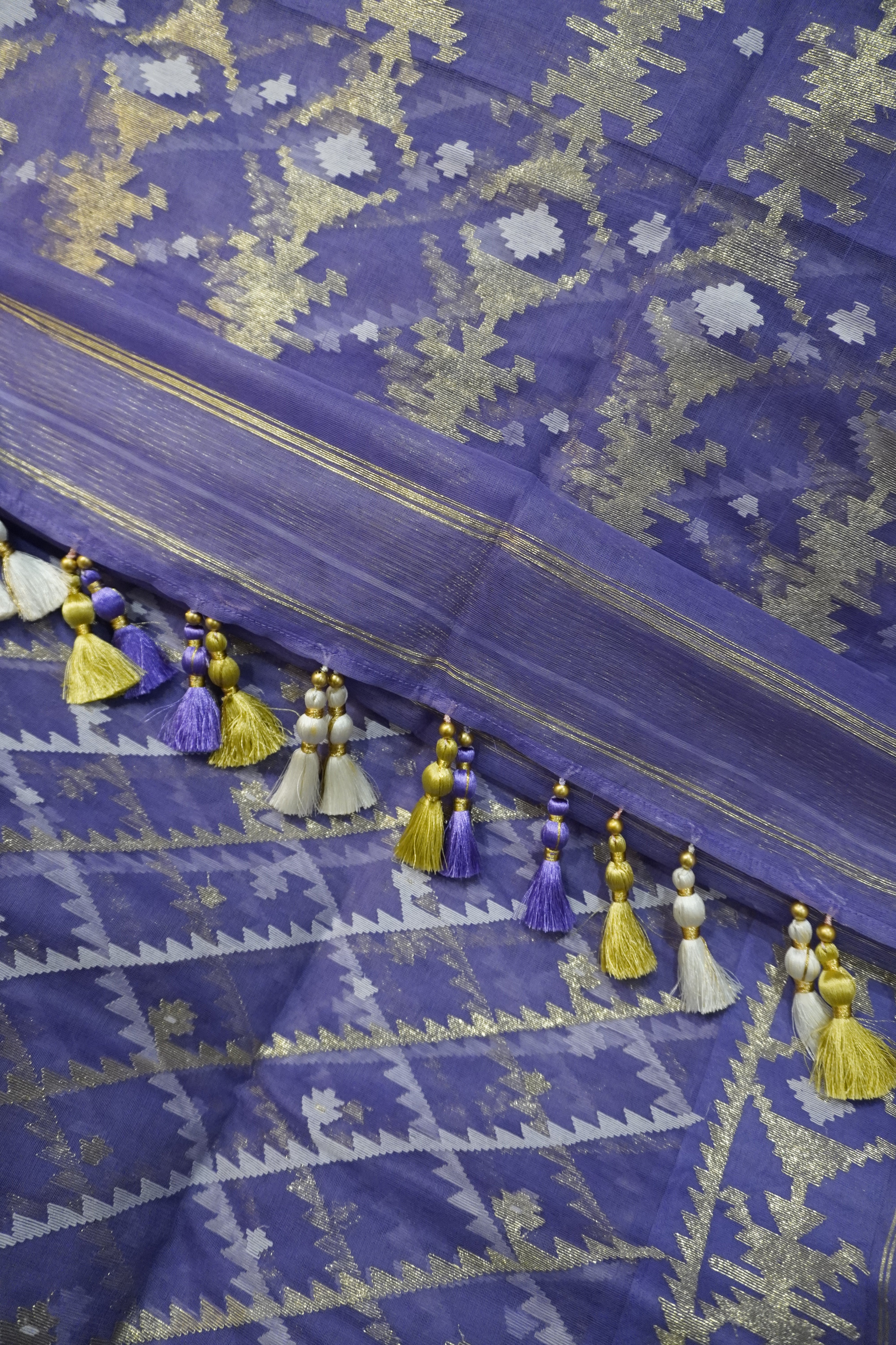 Lavish Lavender Gleam - 84 Count Half-Silk Lavender Jamdani with Silver and Golden Motifs