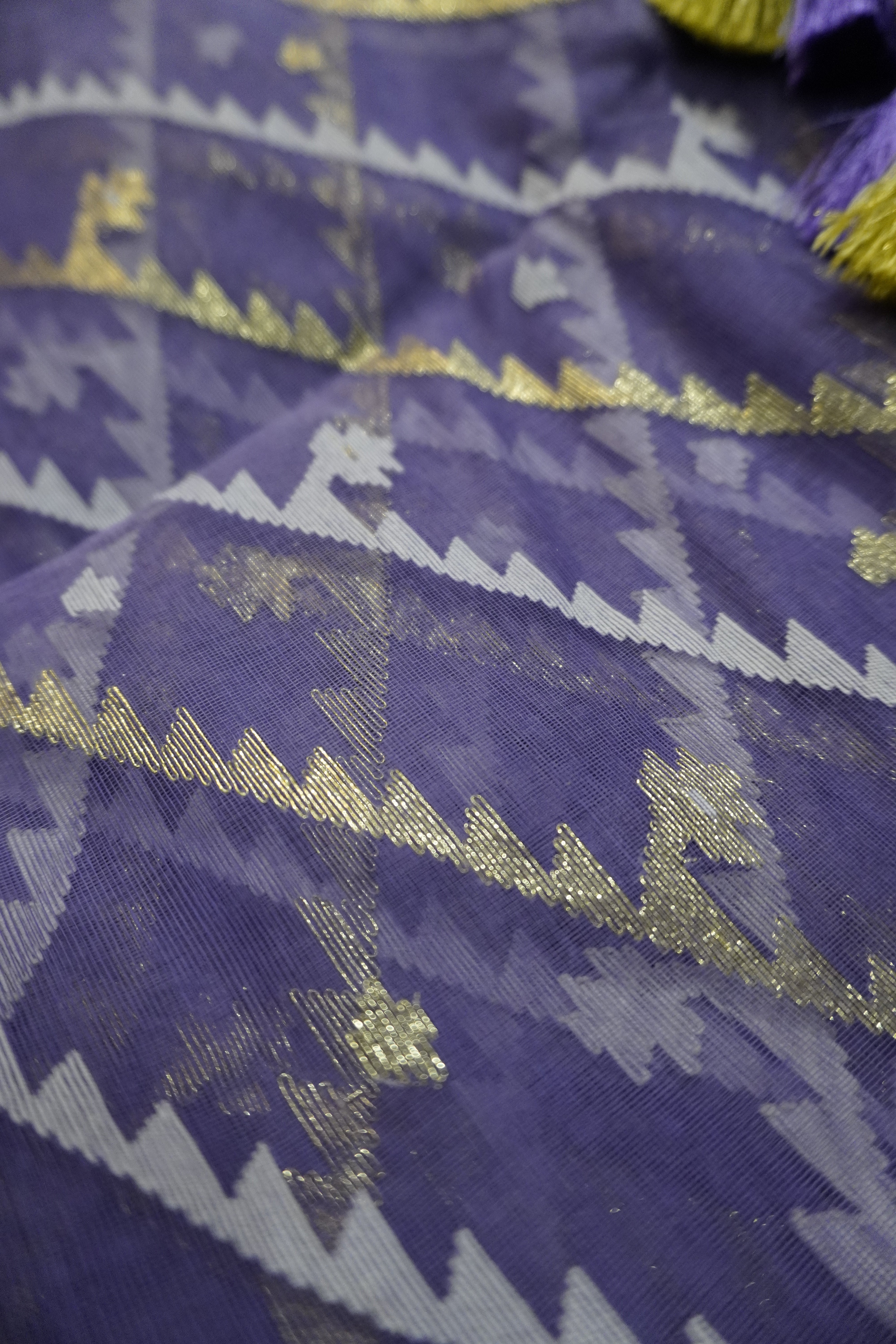 Lavish Lavender Gleam - 84 Count Half-Silk Lavender Jamdani with Silver and Golden Motifs