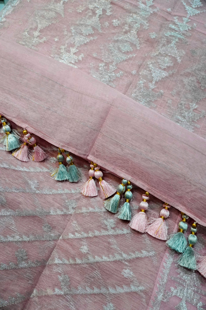 Pink Graceful Dream - 84 Count Half-Silk Pink Jamdani with Motifs