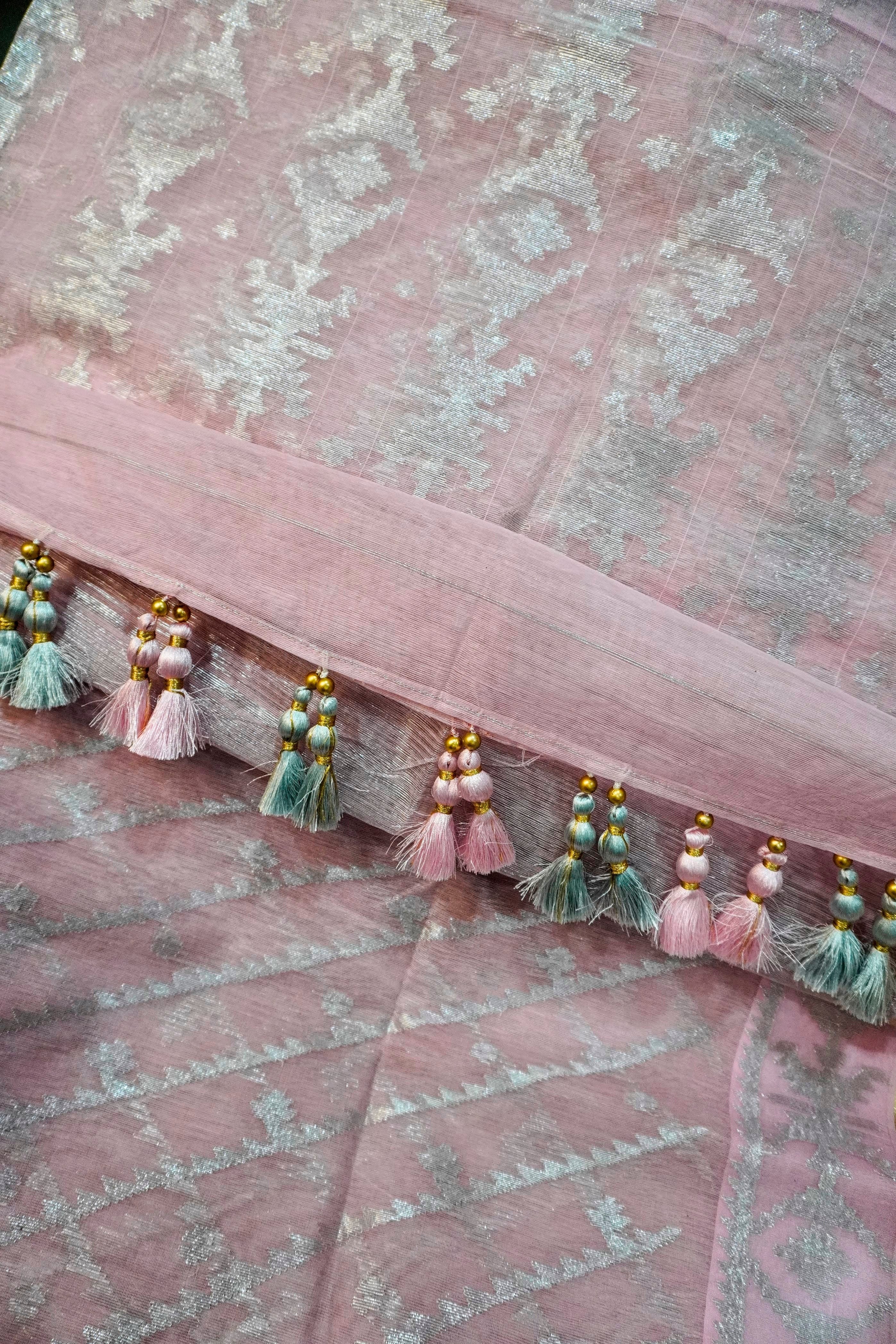 Pink Graceful Dream - 84 Count Half-Silk Pink Jamdani with Motifs