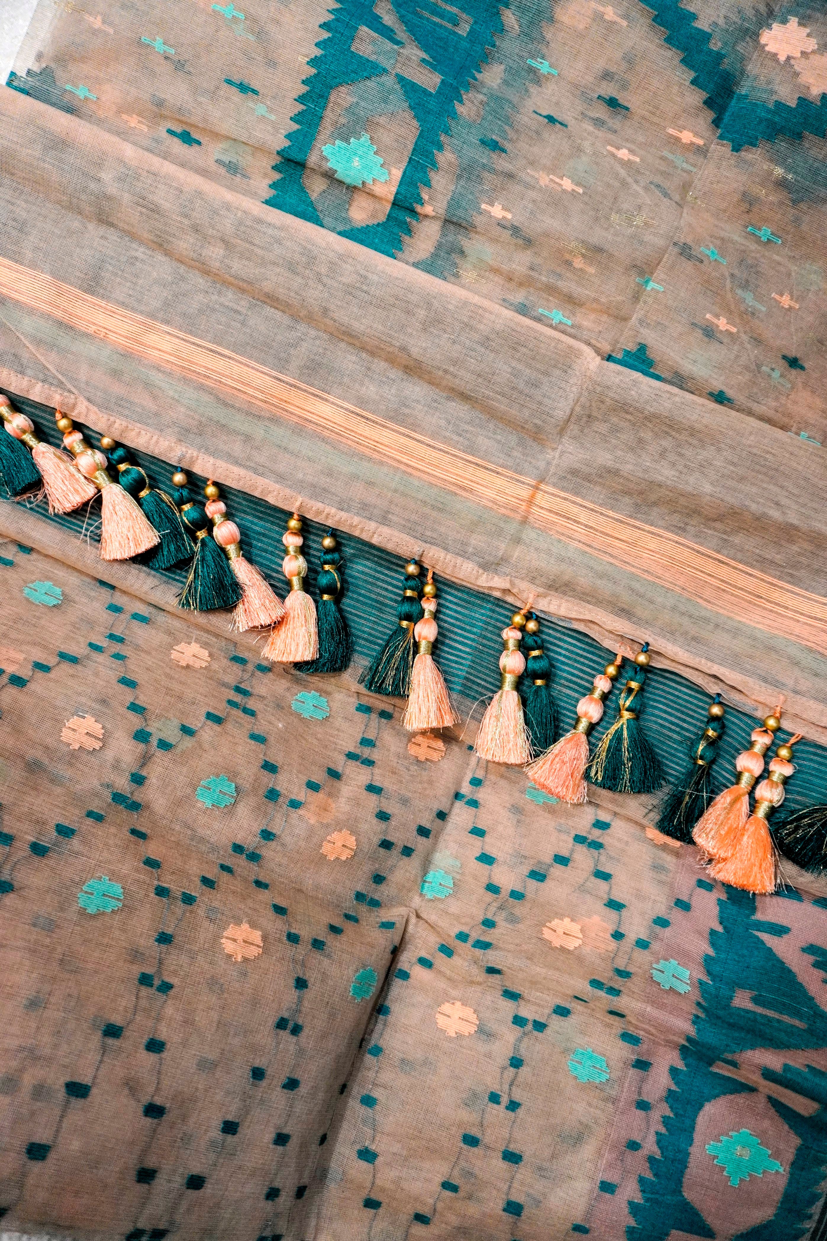 Verdant Tradition - 84 Count Half-Silk Peach Teal Jamdani with Traditional Motifs