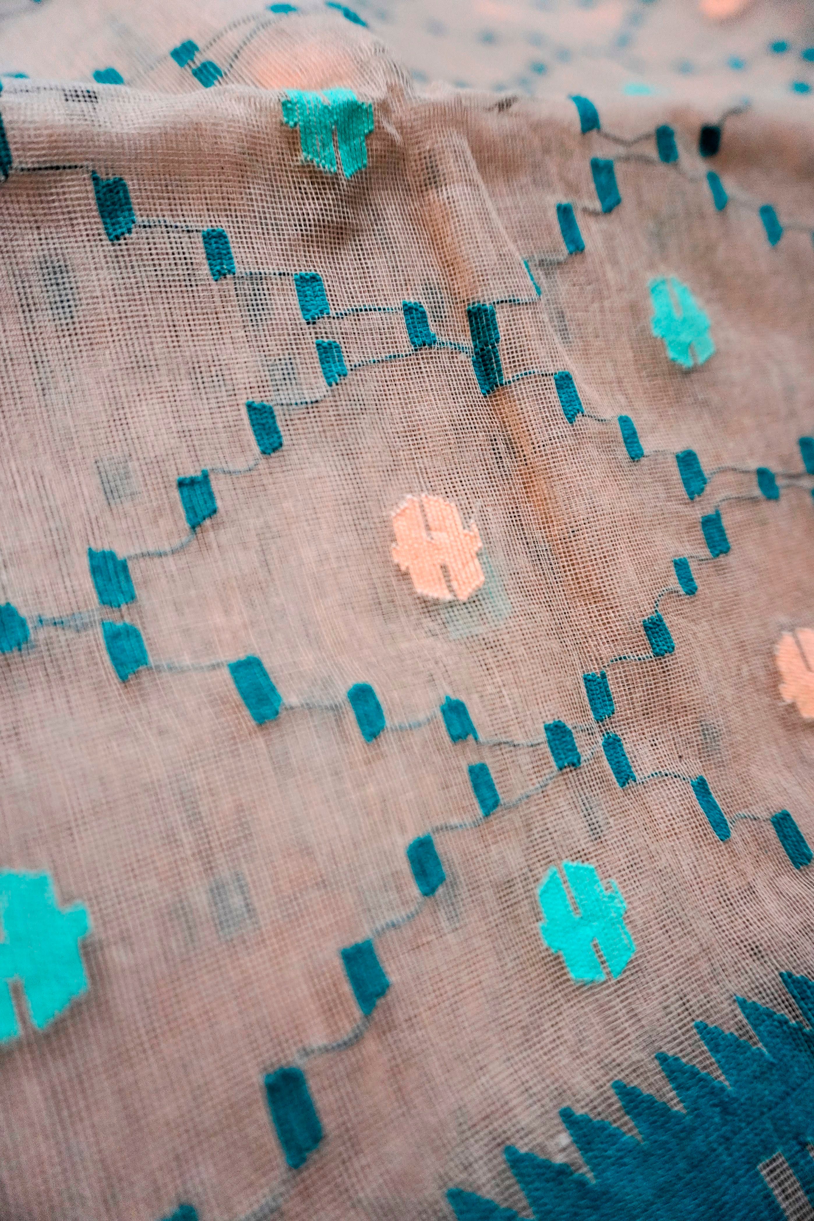 Verdant Tradition - 84 Count Half-Silk Peach Teal Jamdani with Traditional Motifs