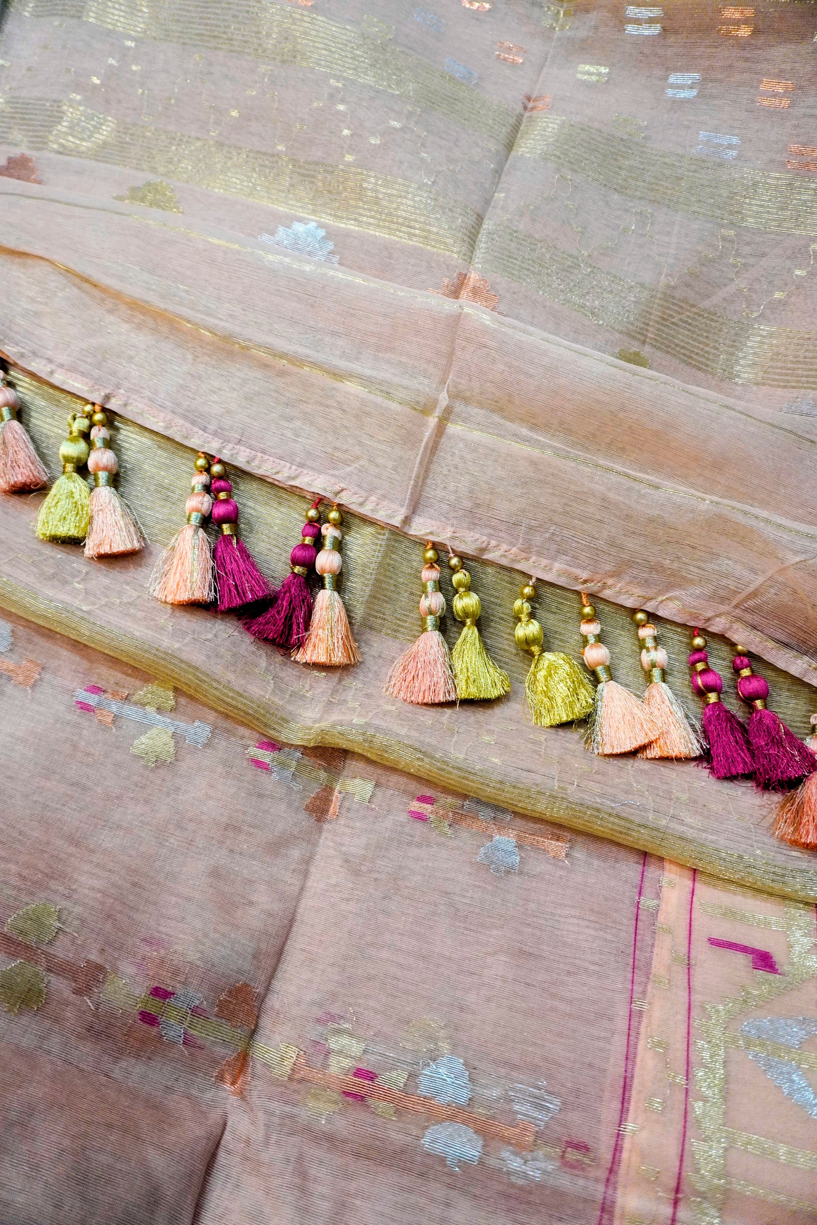 Peach Royal Bloom - 84 Count Half-Silk Peach Jamdani with Silver and Golden Motifs