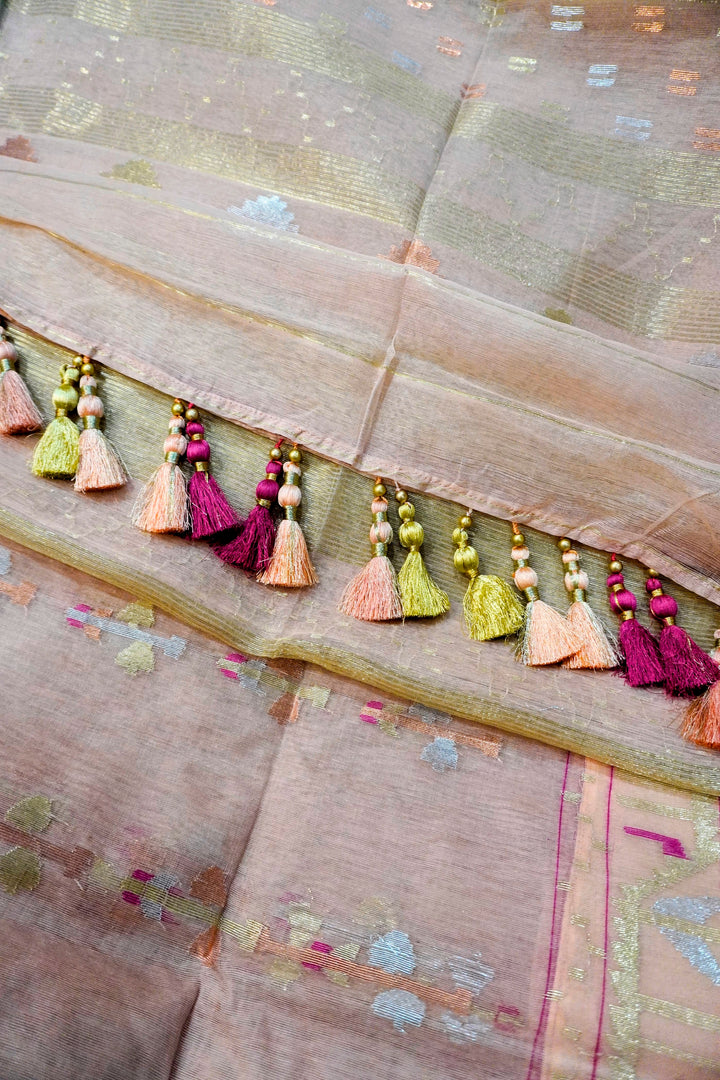 Peach Royal Bloom - 84 Count Half-Silk Peach Jamdani with Silver and Golden Motifs