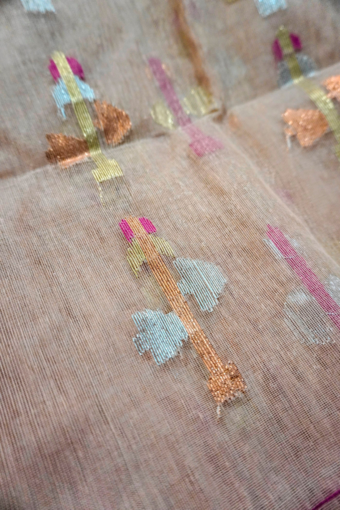 Peach Royal Bloom - 84 Count Half-Silk Peach Jamdani with Silver and Golden Motifs