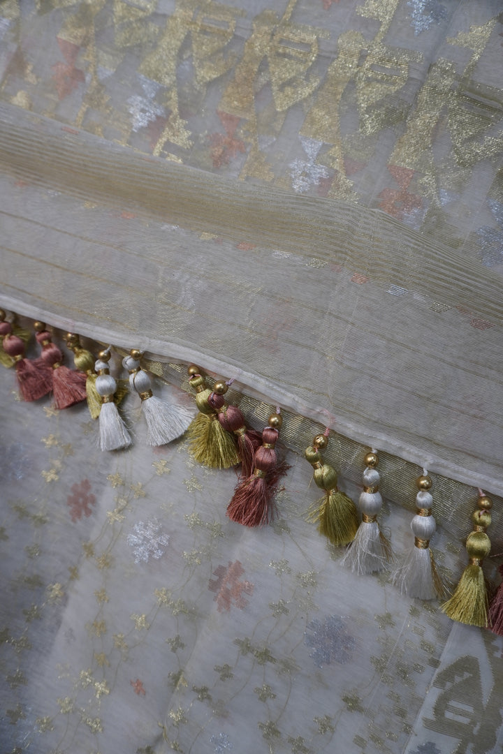 Metallic Mosaic - 84 Count Half-Silk Ivory Jamdani with Gold-Silver-Copper Motifs