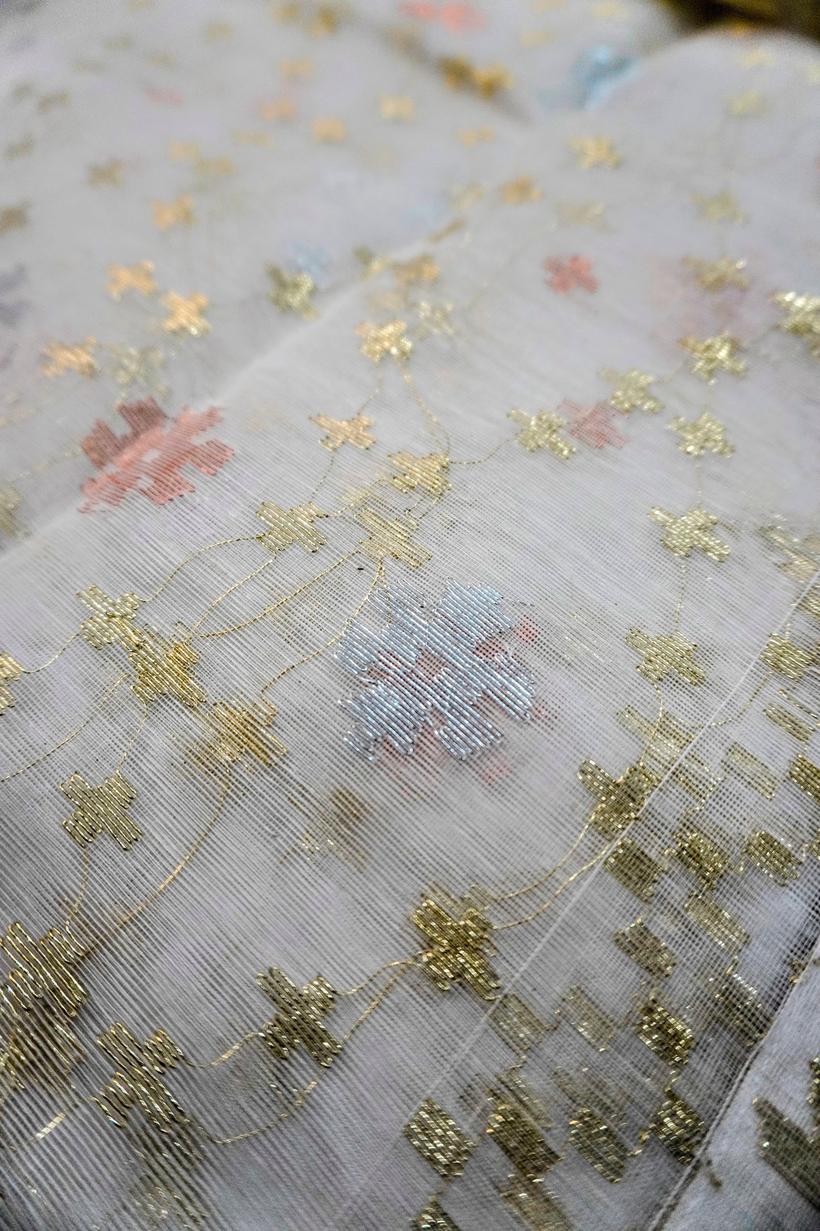 Metallic Mosaic - 84 Count Half-Silk Ivory Jamdani with Gold-Silver-Copper Motifs