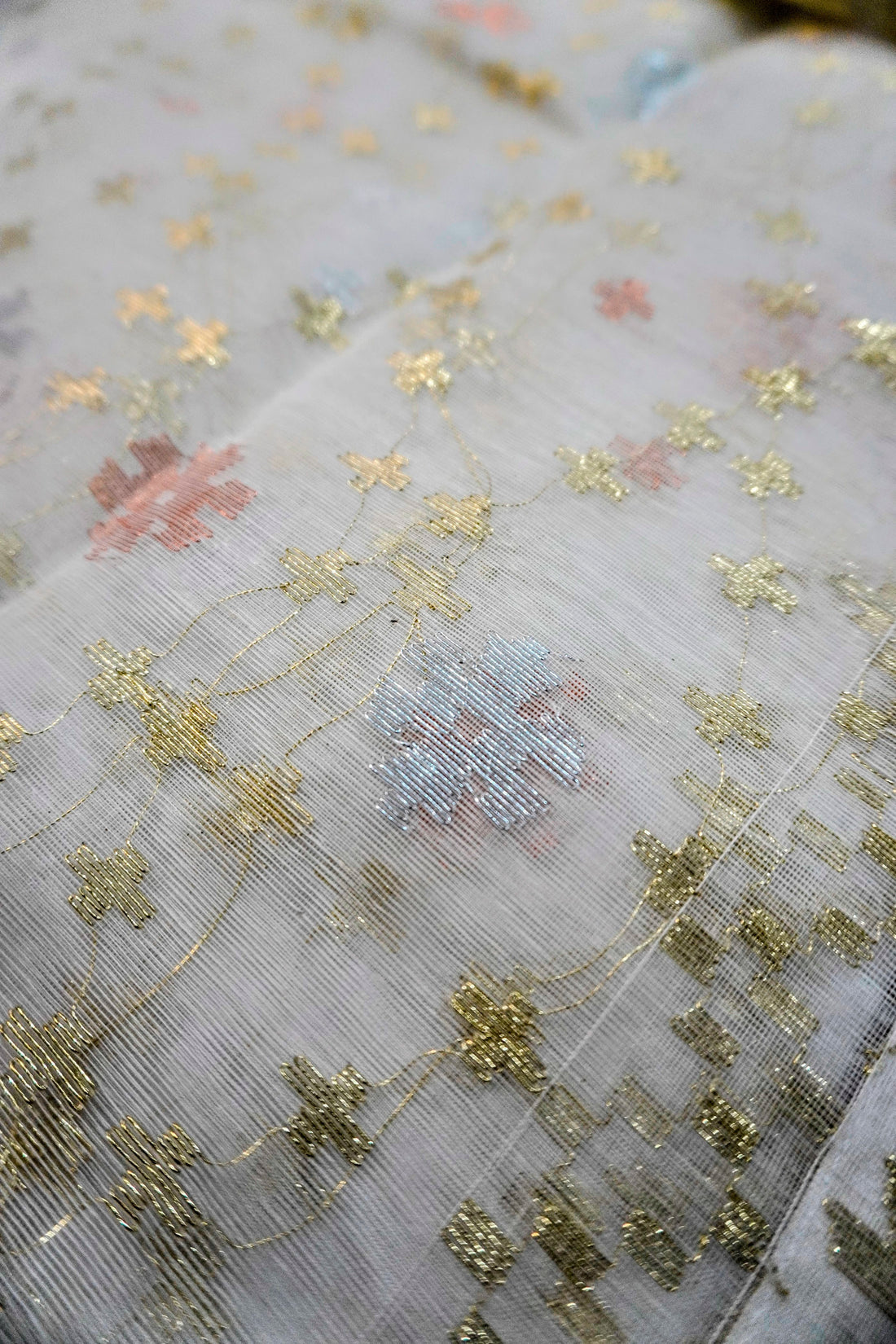 Metallic Mosaic - 84 Count Half-Silk Ivory Jamdani with Gold-Silver-Copper Motifs