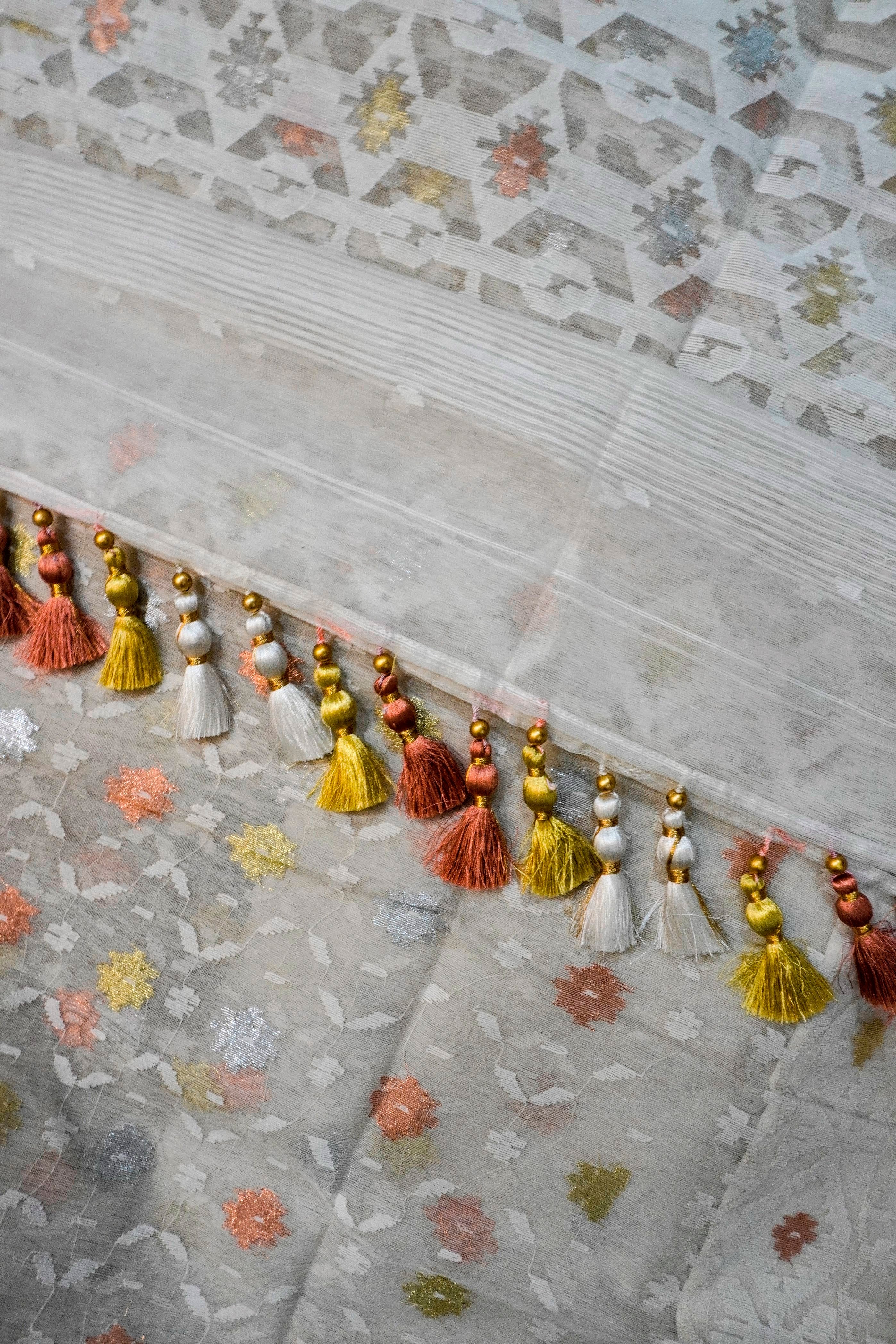 Ivory Floral Royale - 84 Count Half-Silk Ivory Jamdani with Gold-Silver-Copper Floral Motifs