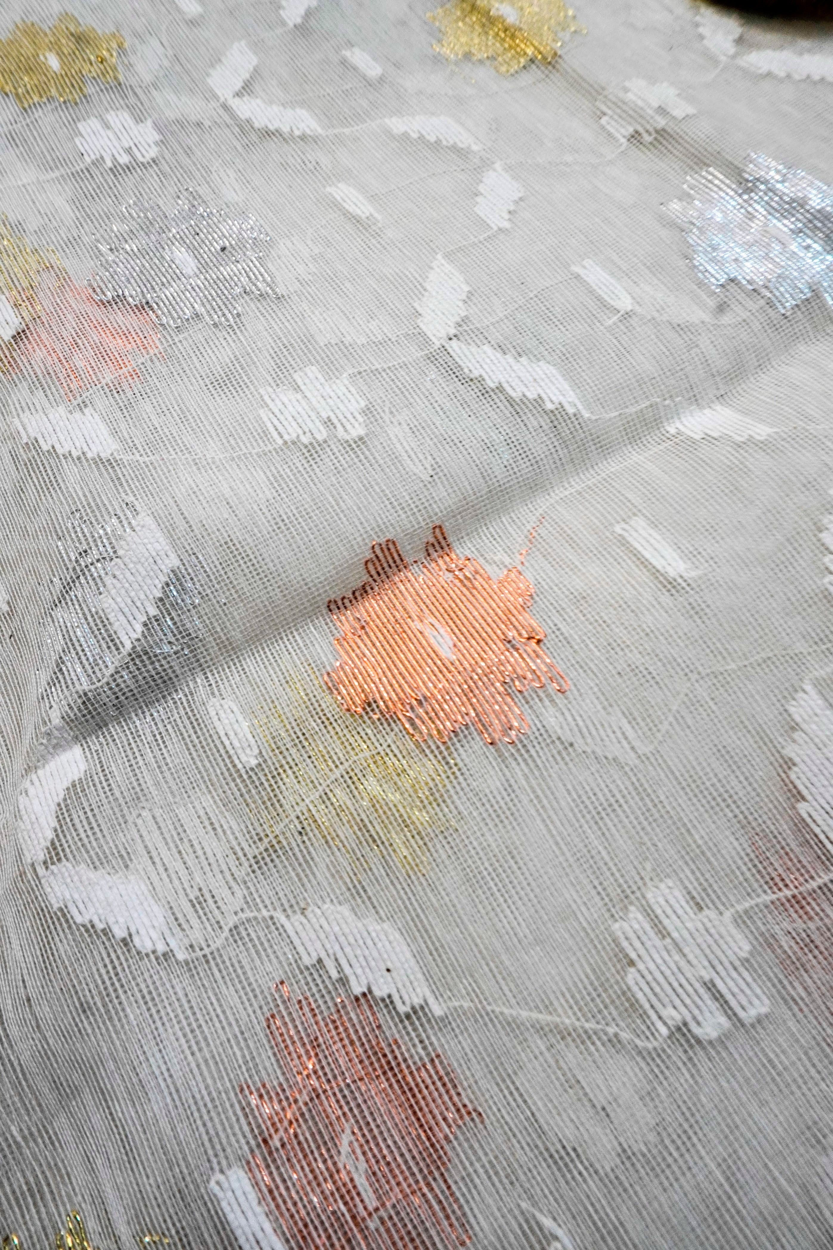 Ivory Floral Royale - 84 Count Half-Silk Ivory Jamdani with Gold-Silver-Copper Floral Motifs