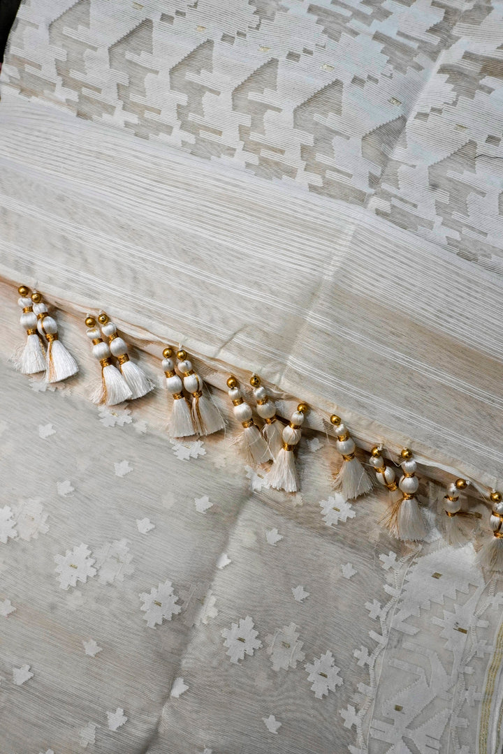 Pure Petal Ivory - 84 Count Half-Silk Ivory White Jamdani with White Floral Motifs