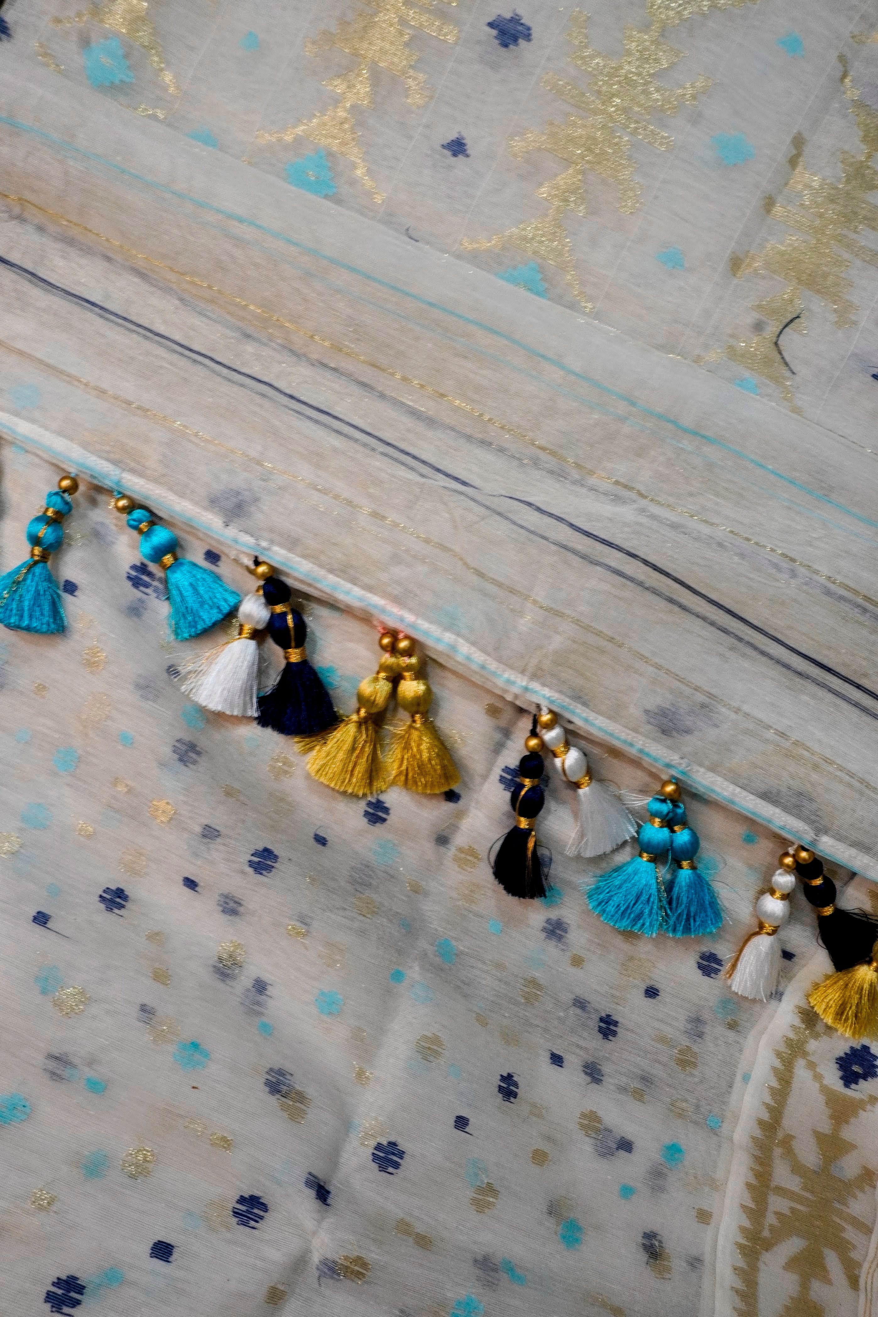 Blue & Gold Reverie - 84 Count Half-Silk Ivory Jamdani with Blue and Gold Motifs