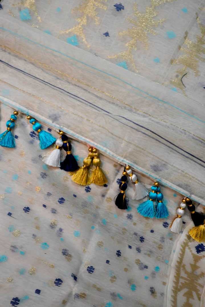 Blue & Gold Reverie - 84 Count Half-Silk Ivory Jamdani with Blue and Gold Motifs