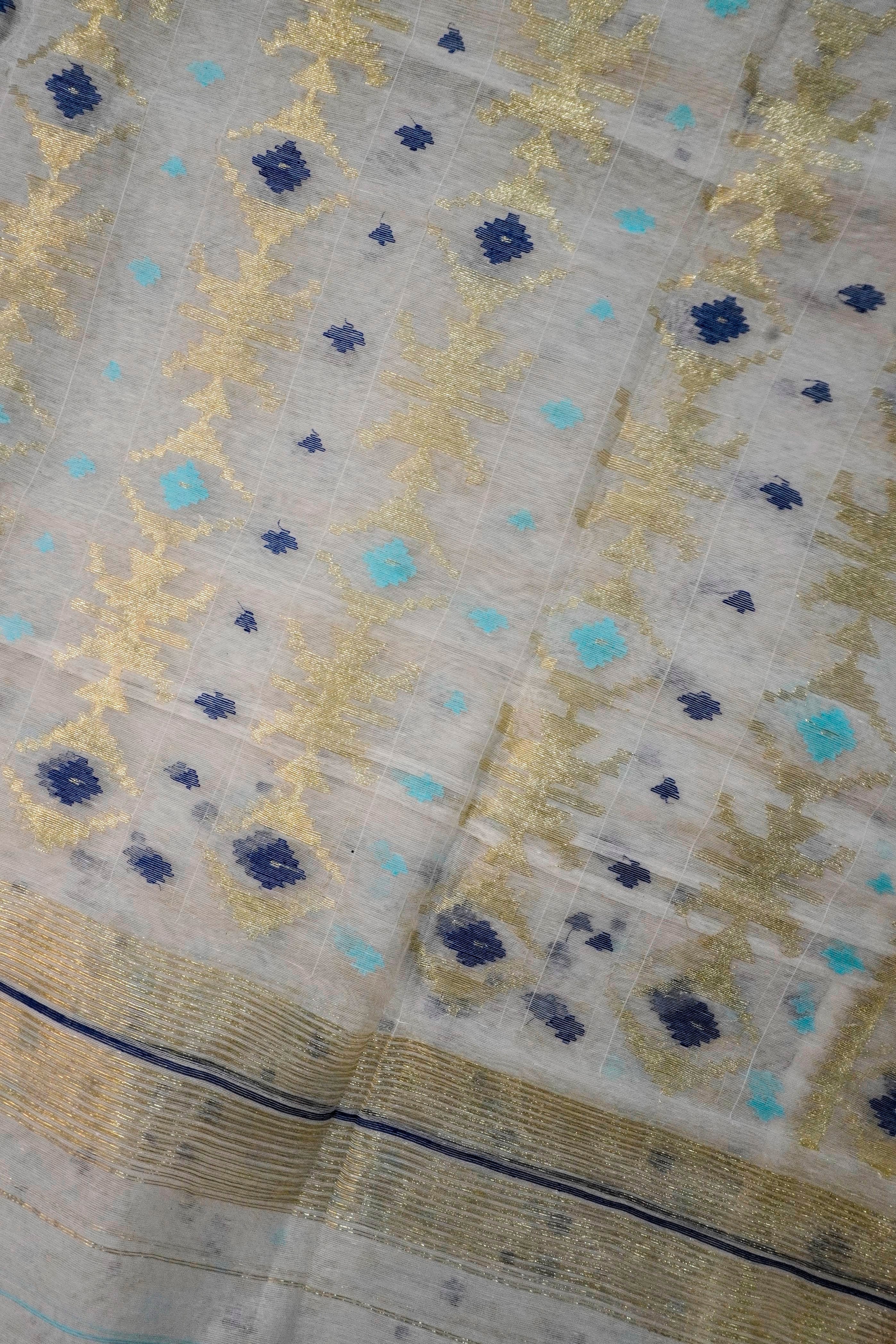 Blue & Gold Reverie - 84 Count Half-Silk Ivory Jamdani with Blue and Gold Motifs