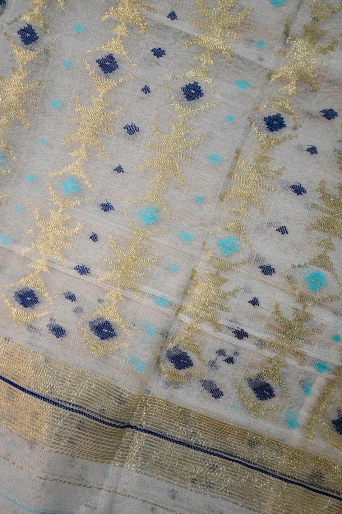 Blue & Gold Reverie - 84 Count Half-Silk Ivory Jamdani with Blue and Gold Motifs