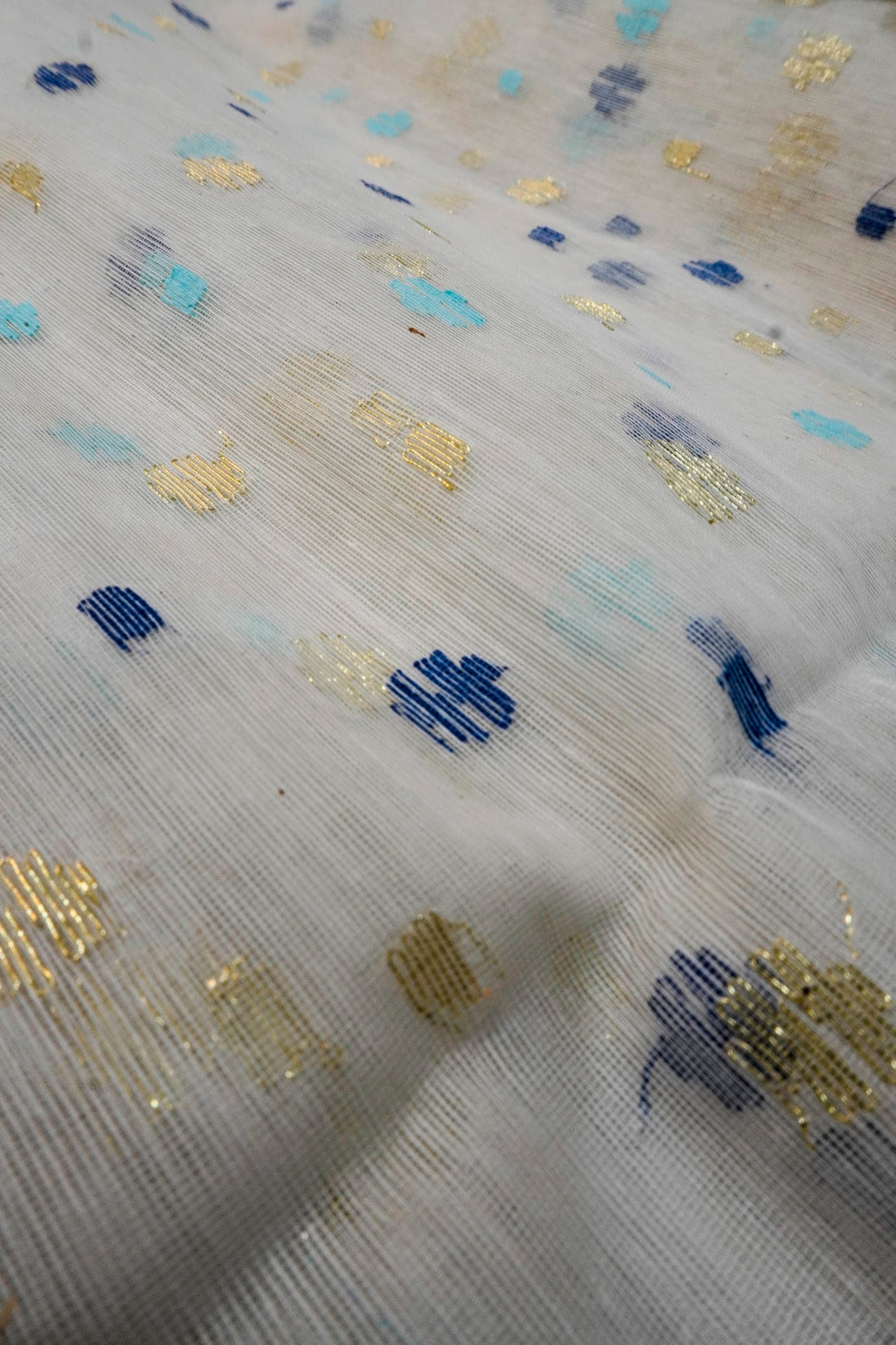 Blue & Gold Reverie - 84 Count Half-Silk Ivory Jamdani with Blue and Gold Motifs