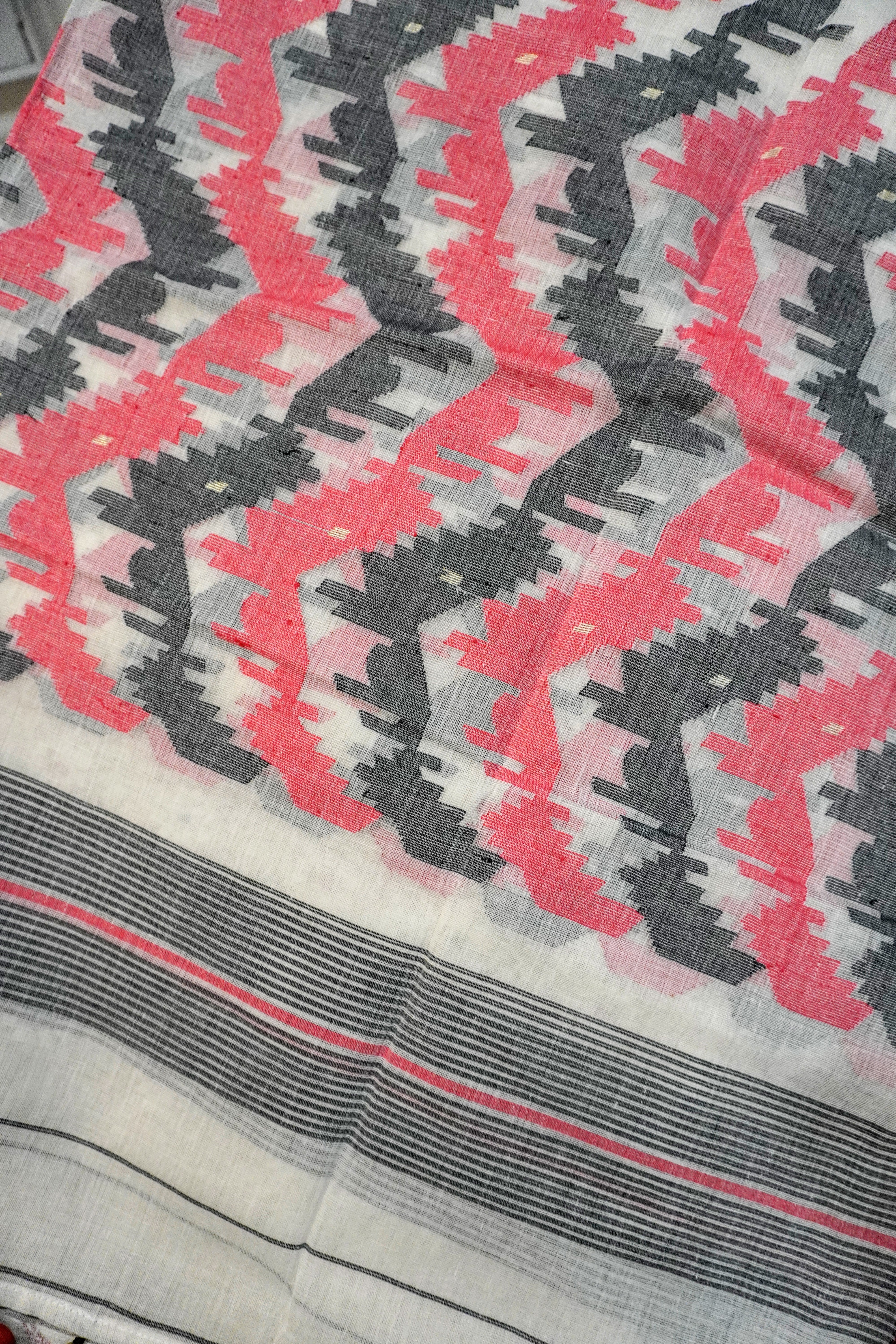 Heritage Contrast - 84 Count Half-Silk Ivory Jamdani with Black-Red Traditional Motifs