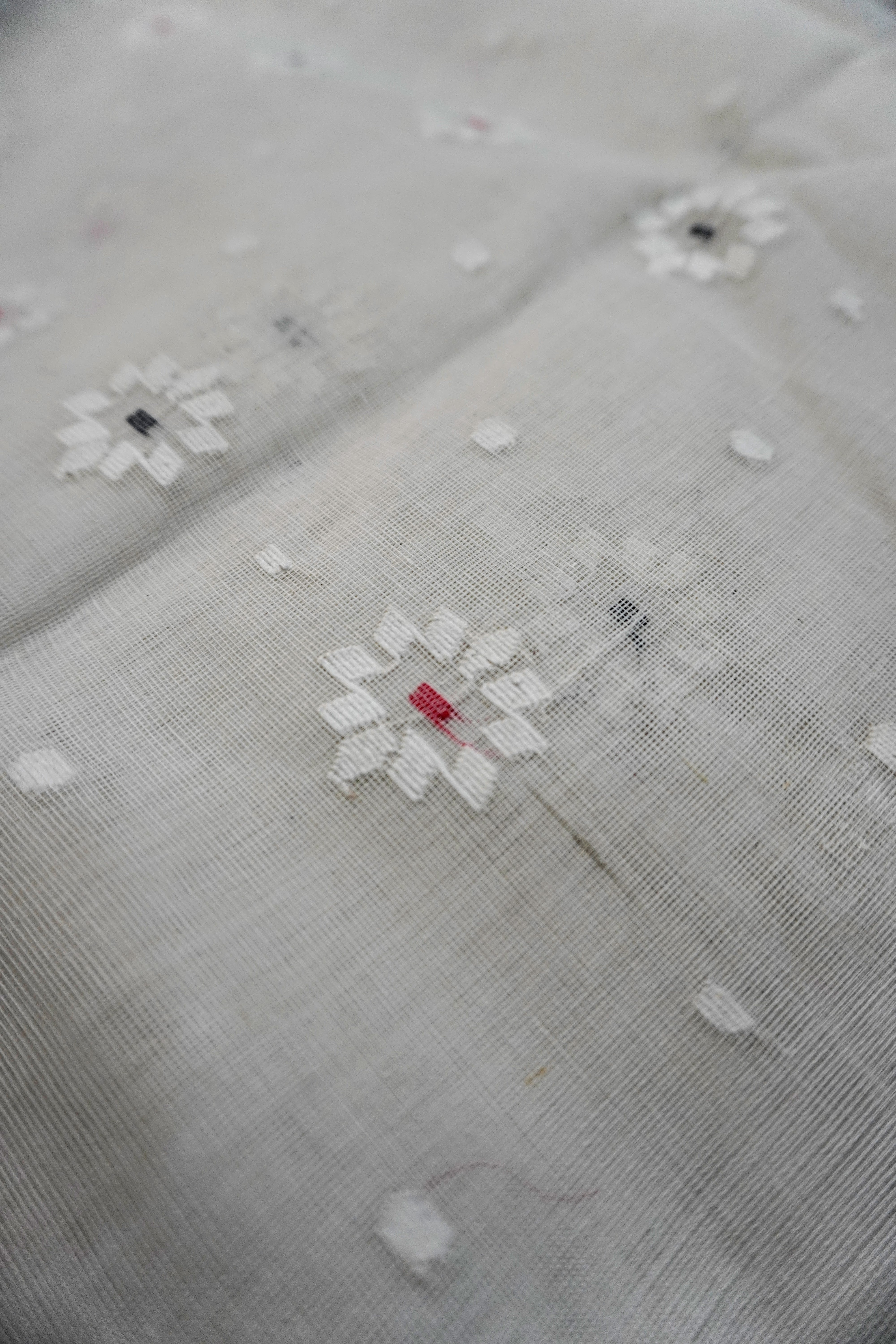 Heritage Contrast - 84 Count Half-Silk Ivory Jamdani with Black-Red Traditional Motifs