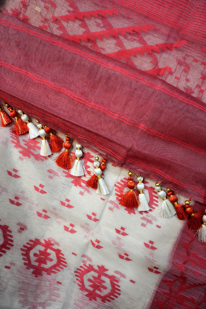 Scarlet Heritage - 84 Count Half-Silk White Jamdani with Traditional Red Motifs