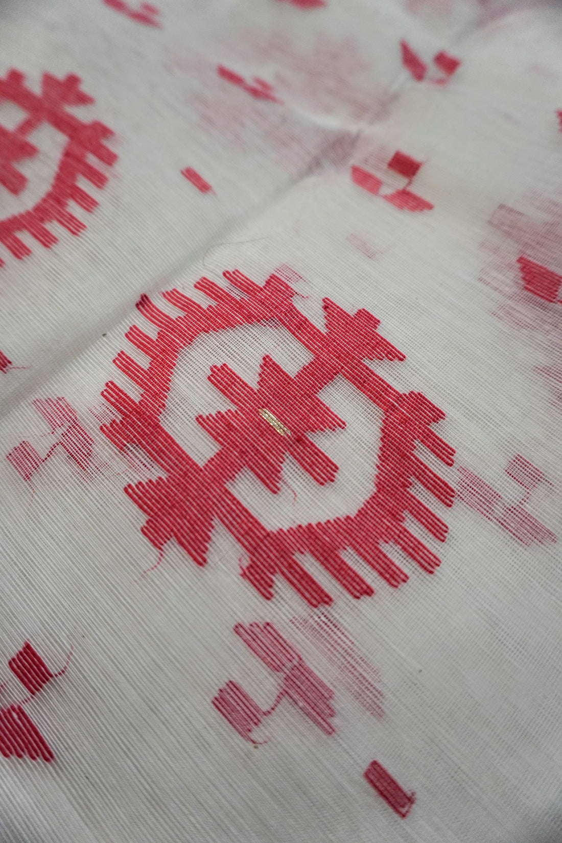 Scarlet Heritage - 84 Count Half-Silk White Jamdani with Traditional Red Motifs