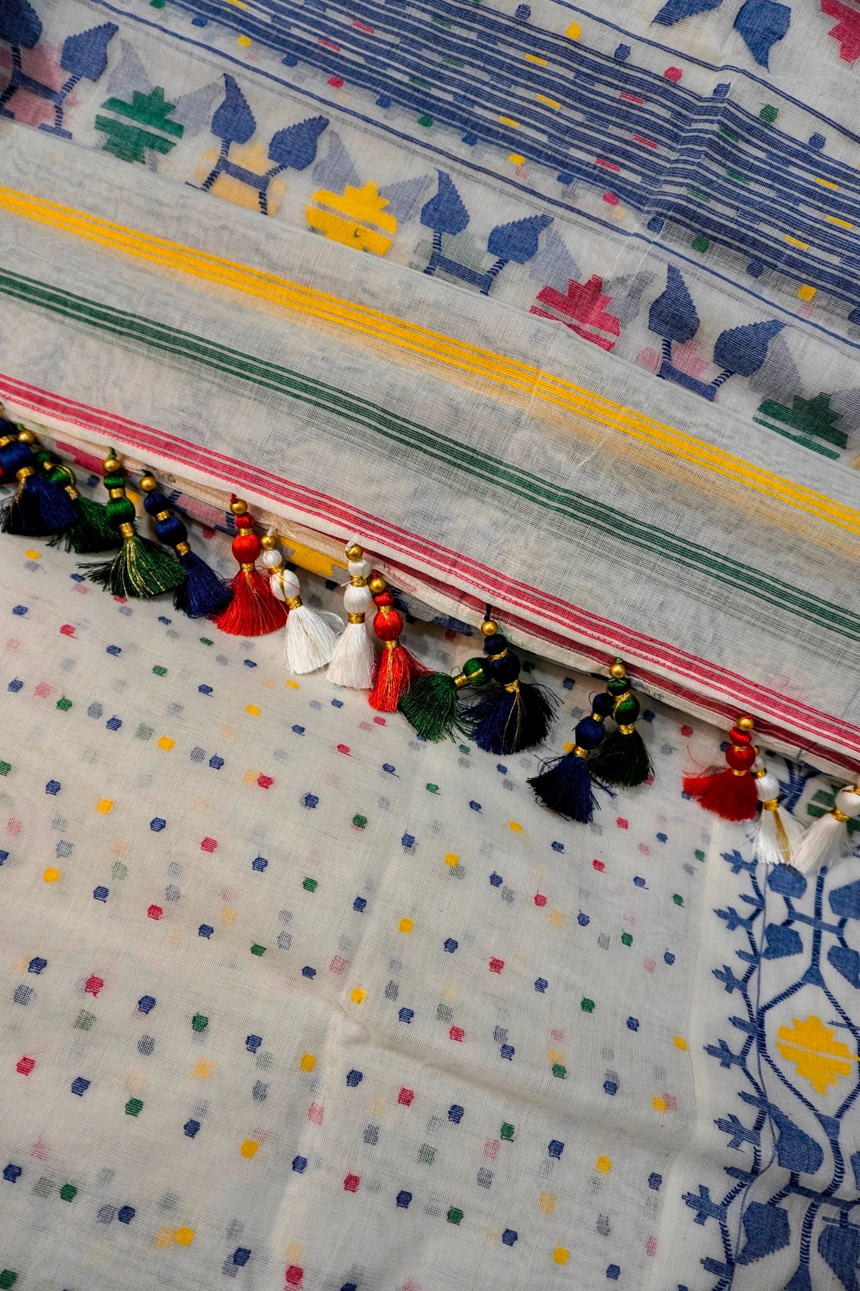 Spectrum Whimsy - 84 Count Half-Silk White Jamdani with Multi-Colour Motifs