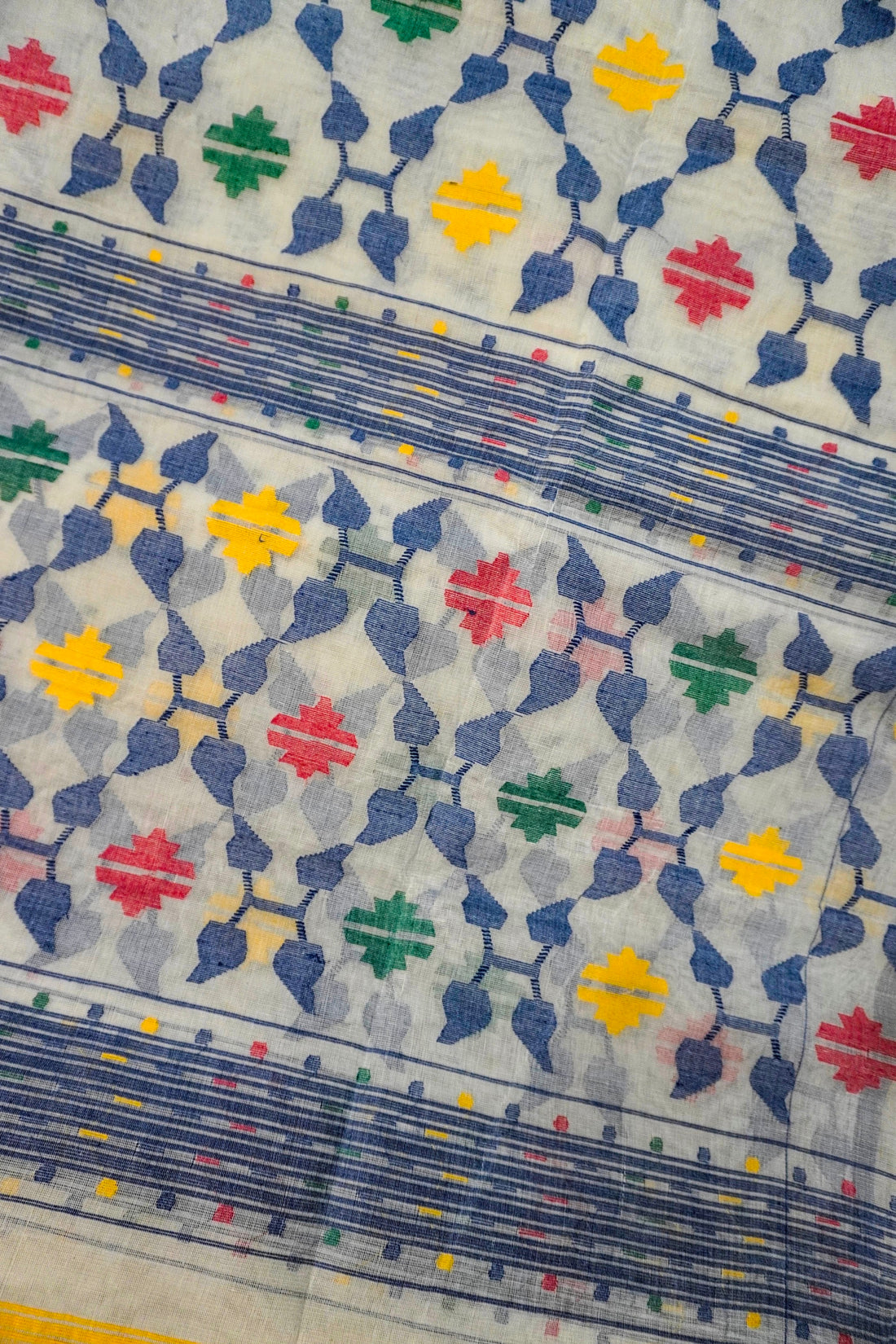 Spectrum Whimsy - 84 Count Half-Silk White Jamdani with Multi-Colour Motifs