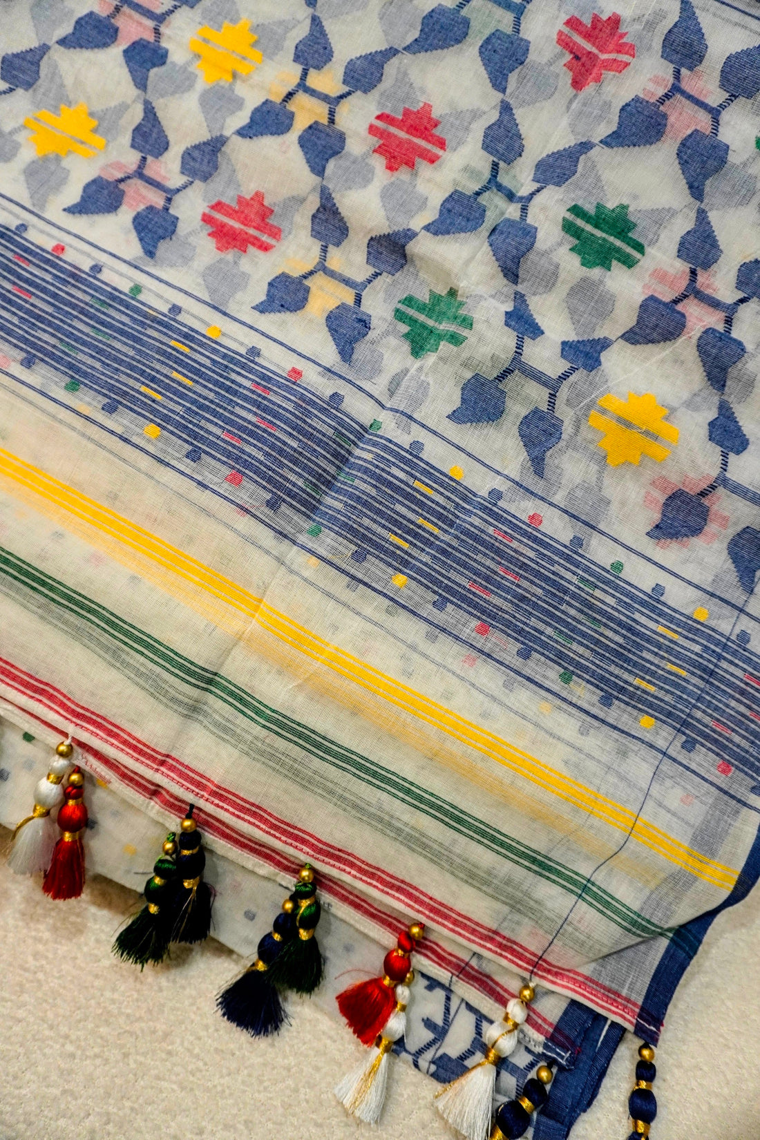 Spectrum Whimsy - 84 Count Half-Silk White Jamdani with Multi-Colour Motifs