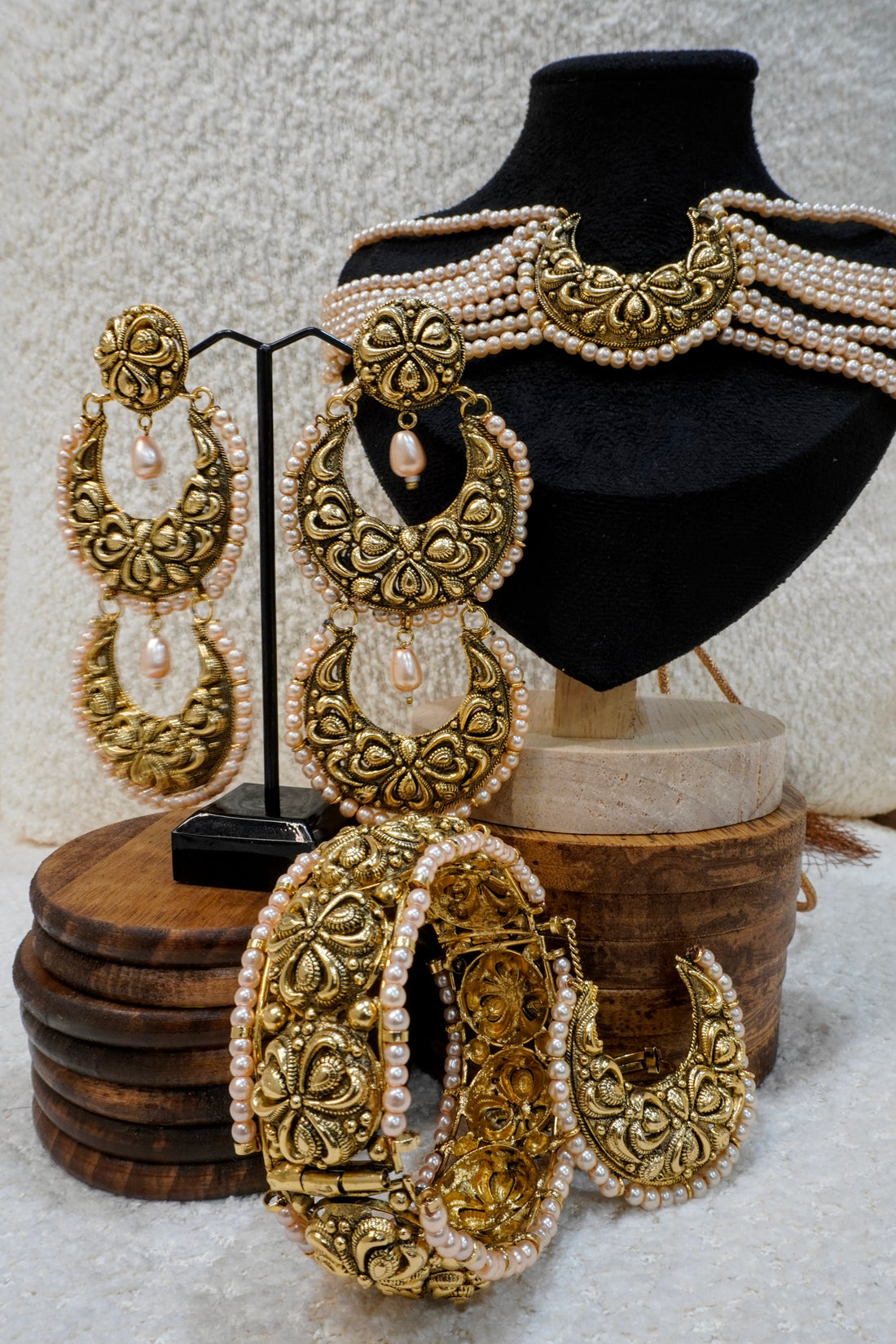 Brass Half Moon Pearl Set – Multi-layered Brass, Pearl Strings & Heritage Motifs