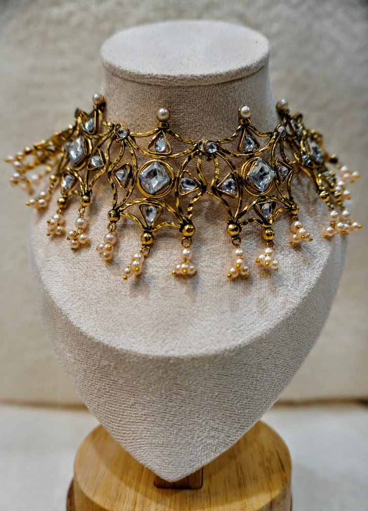 Brass Royal Web Kundan Set – Statement Lattice Choker & Earring Set