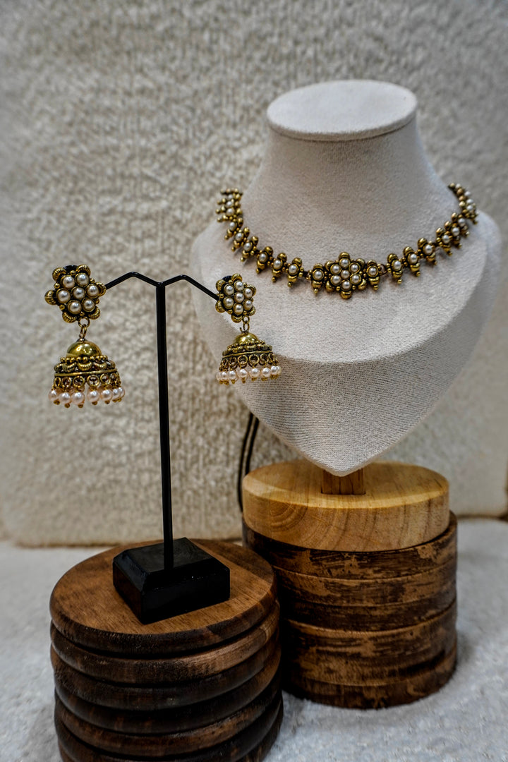 Brass Pearl Cluster Gajra Set – Floral Motifs with Pearl Jhumkas
