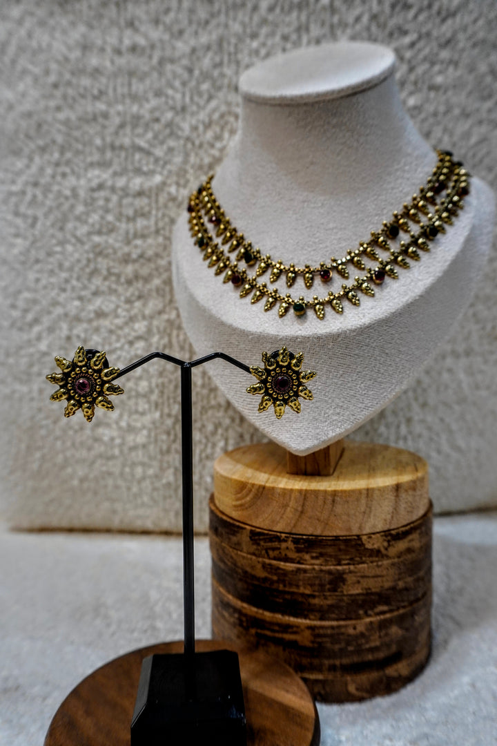Brass Heritage Set – Double-Stranded Ruby-Green Beads & Lotus Motif Studs