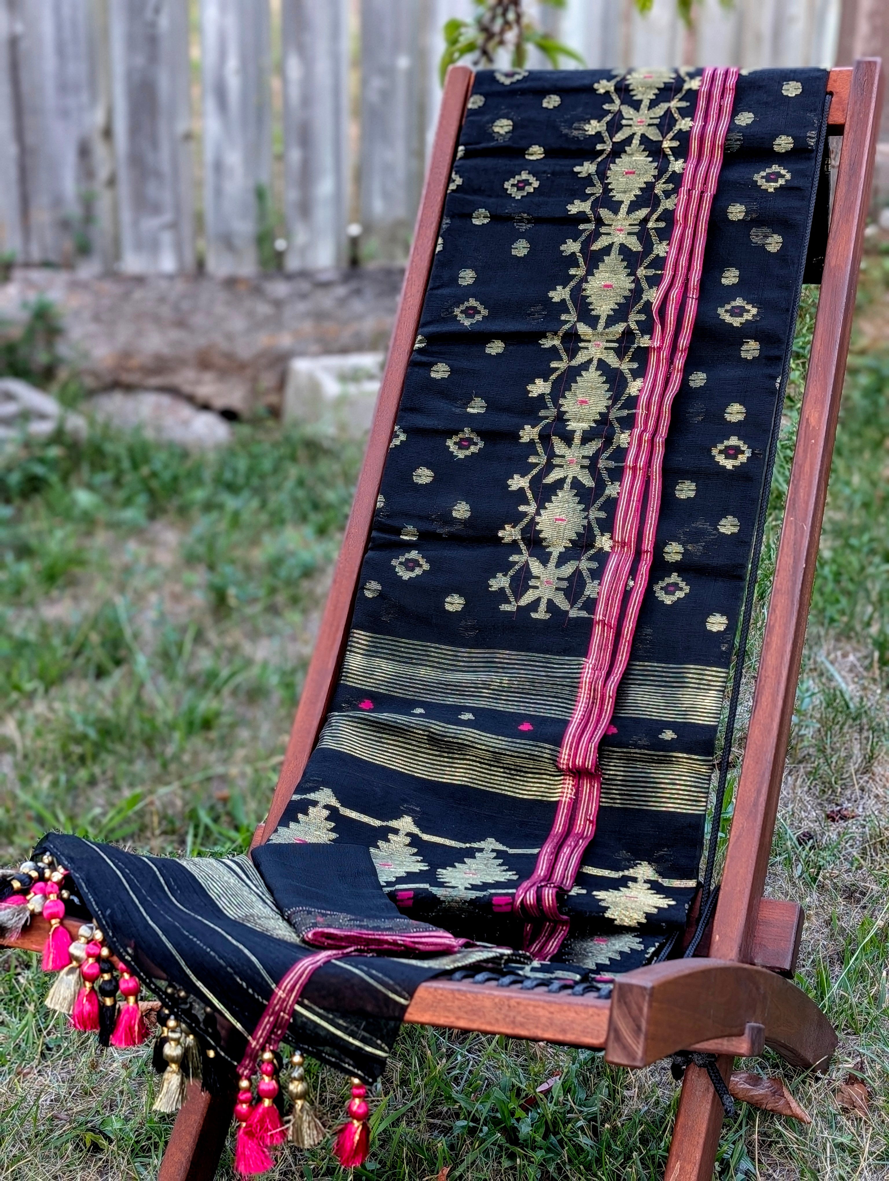 Midnight Gold Opulence - 84 Count Half-Silk Black Jamdani with Golden Motifs